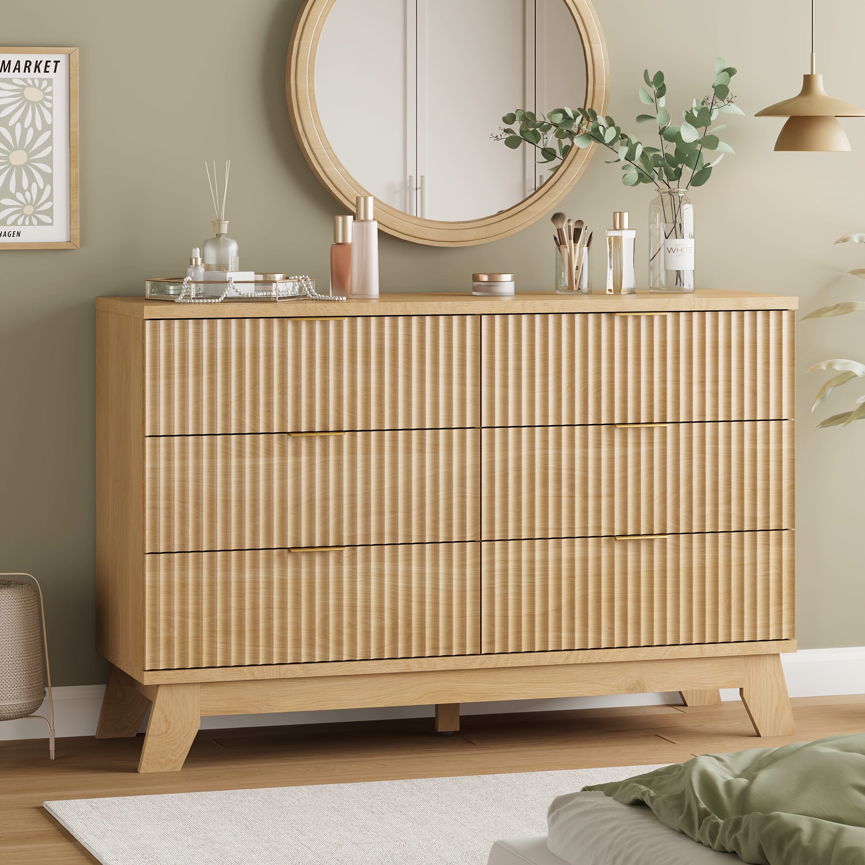 Elegant 6-Drawer Fluted Dresser in Pure White - Modern Chest of Drawers with Golden Metal Handles, 48" Wide, Hardwood Construction, Ideal for Bedroom & Living Room Storage, Living Room Furniture|Elegant Furniture Piece|Handle