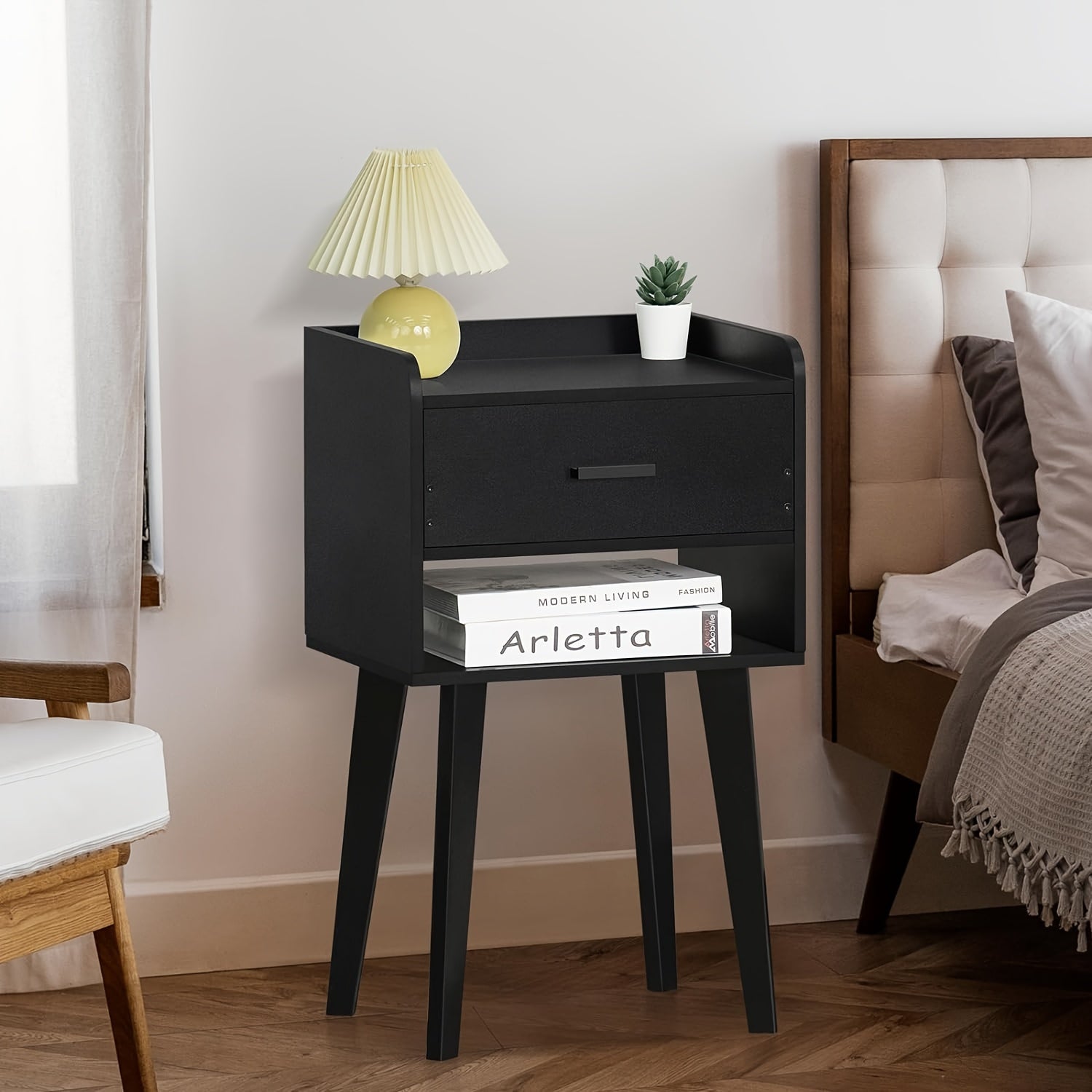 Black Nightstand, Modern Bedside Table with Drawer, Wood End Table for Small Space, Side Table with Storage, Night Stand for Bedroom/Living Room/Dorm 26.38''H