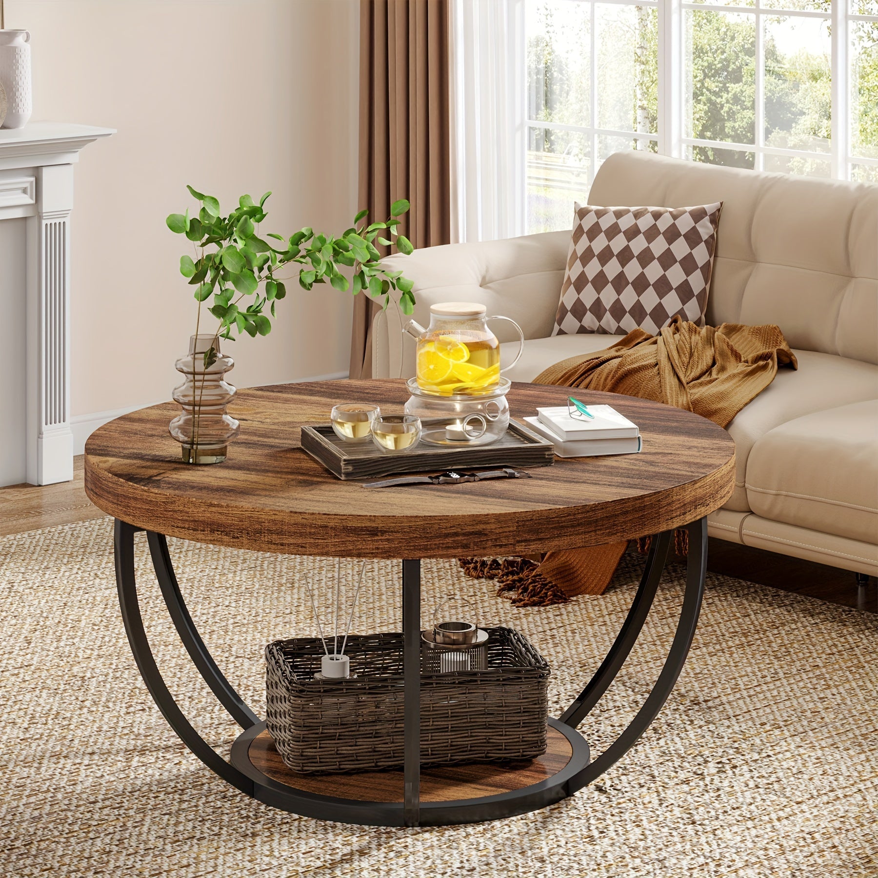 81cm Round Coffee Table, 2-Tier Circle Faux Marble Coffee Tables, Metal Legs Accent Center Table With Open Storage, Modern Design Home Furniture For Living Room