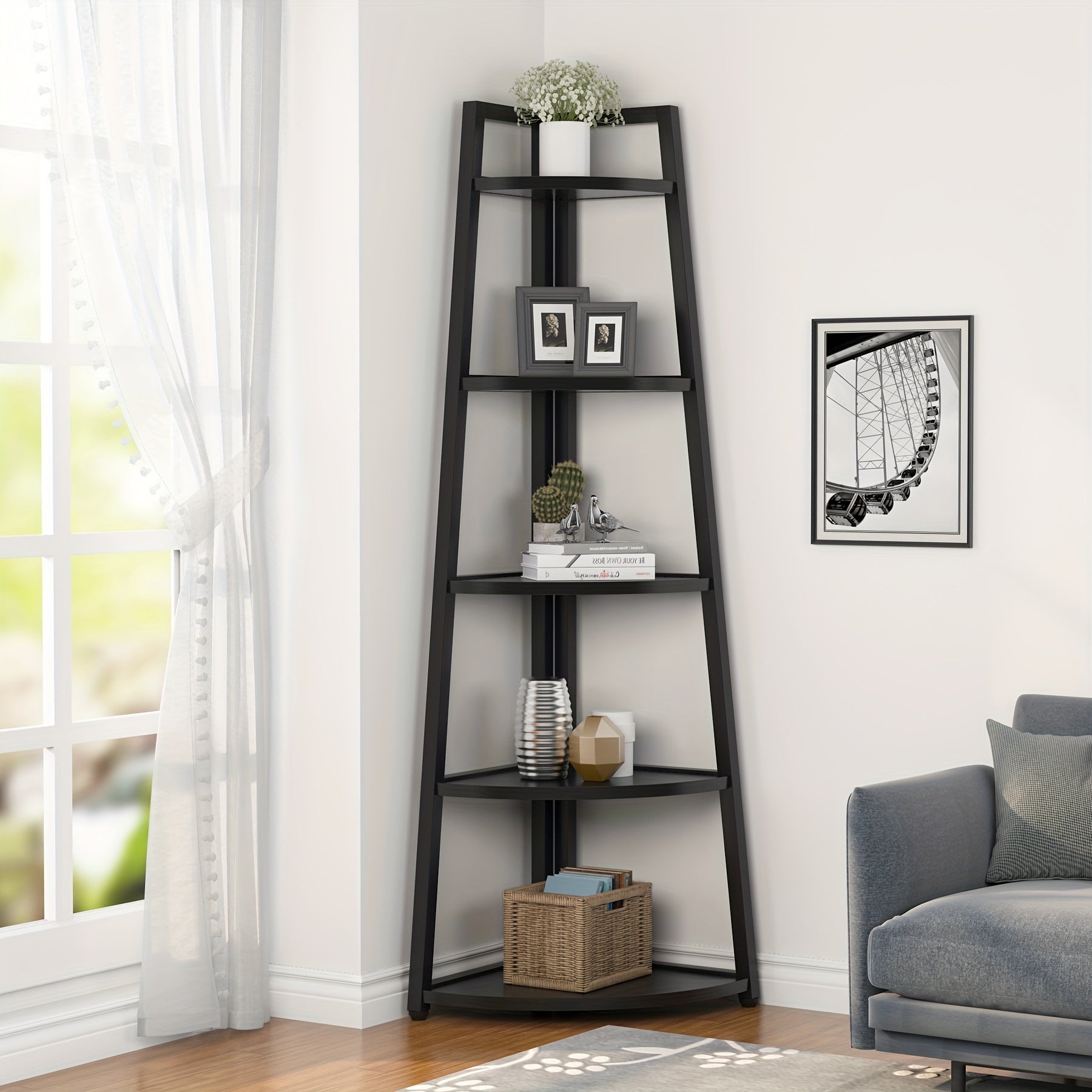 5-Tier Corner Bookshelf, 177cm Book Standing Shelving Unit, Indoor Plant Stand for Home Office, Black