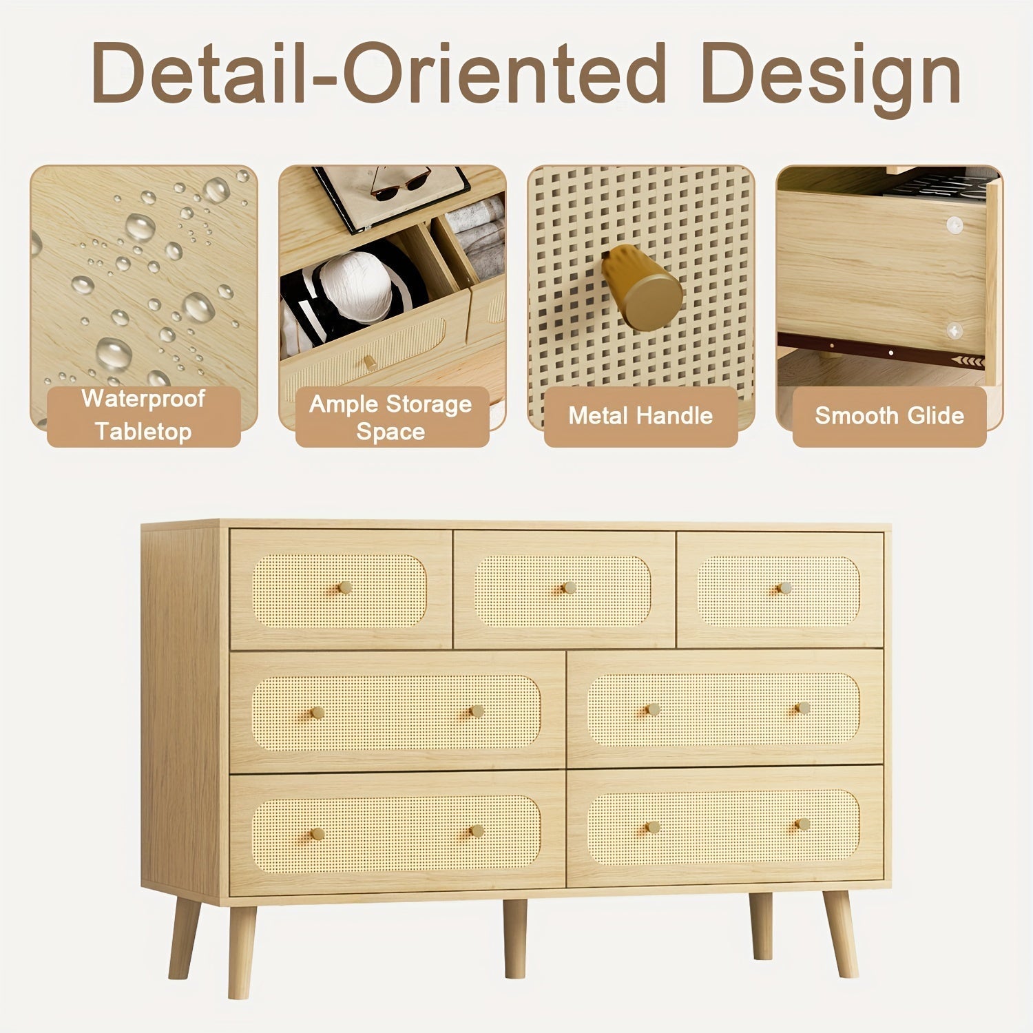 Rattan 7 Drawer Dresser For Bedroom, Wood Boho Double Chest Of Drawers With Storage And Gold Handle