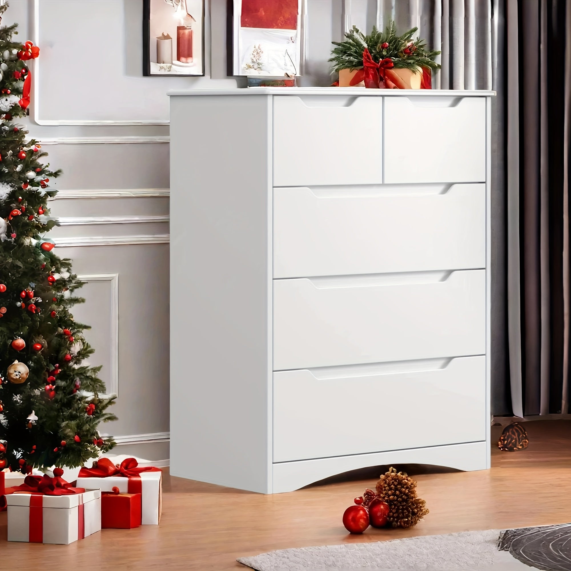 5 Drawers Dresser, Dressers For Bedroom With Cutout Handles, Wood Storage Cabinet For Living Room, White