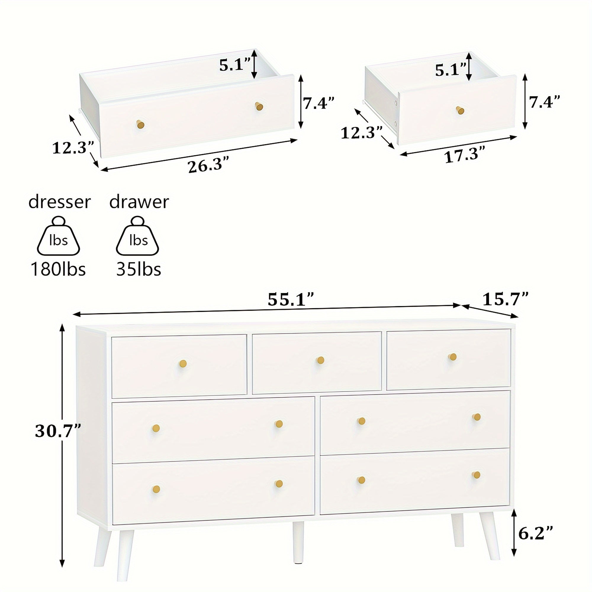 Dresser With 7 Drawers, Dresser For Bedroom, Modern Double Dresser With Wide Drawer And Metal Handles, Wood Dressers & Chests Of Drawers