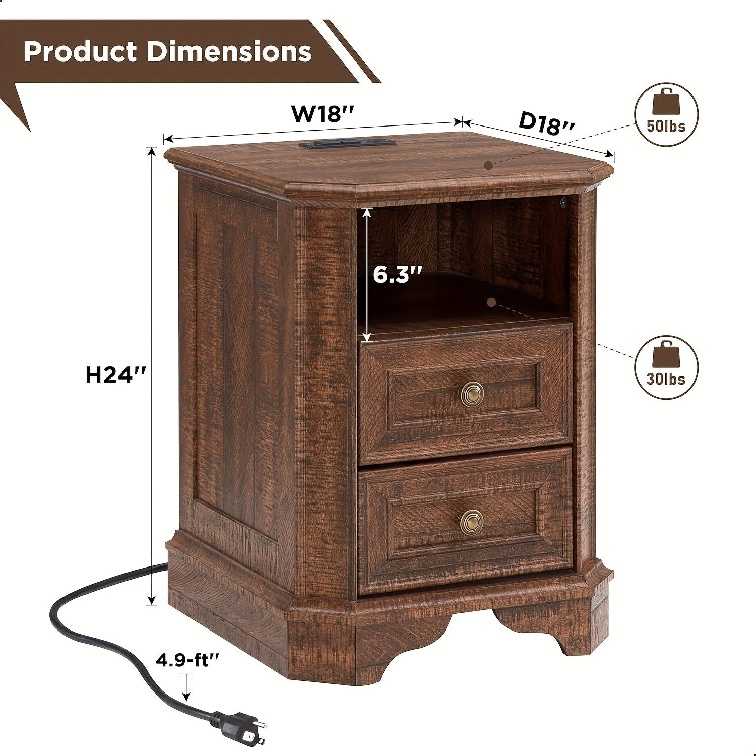 Farmhouse Nightstand With Charging Station, 18" End Table With 2 Drawers, Wood Side Table, Bedside Cabinet For Bedroom, Living Room