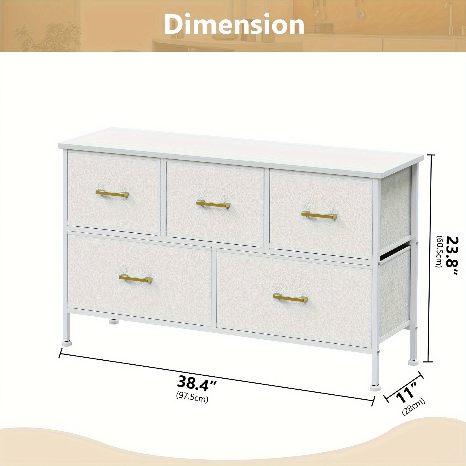 5-Drawer TV Stand Dresser For 114cm TV - Entertainment Center With Fabric Storage, Adjustable Feet, Golden Handle, Modern White Finish - Ideal For Bedroom Or Living Room Furniture