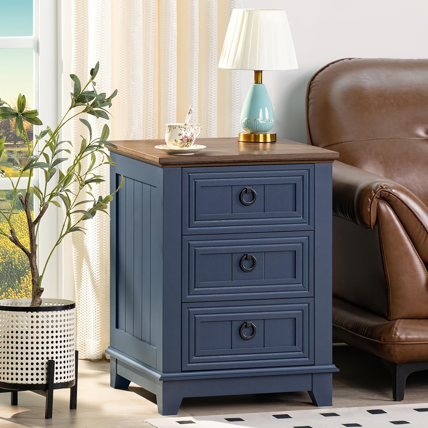 Farmhouse Nightstand, 18 Inch End Table With 3 Drawer Metal Handle, Dresser For Bedroom, Sofa Bed Side Table Chest Of Drawers, Wood Night Stand Cabinet For Organizer, Living Room - Navy Blue