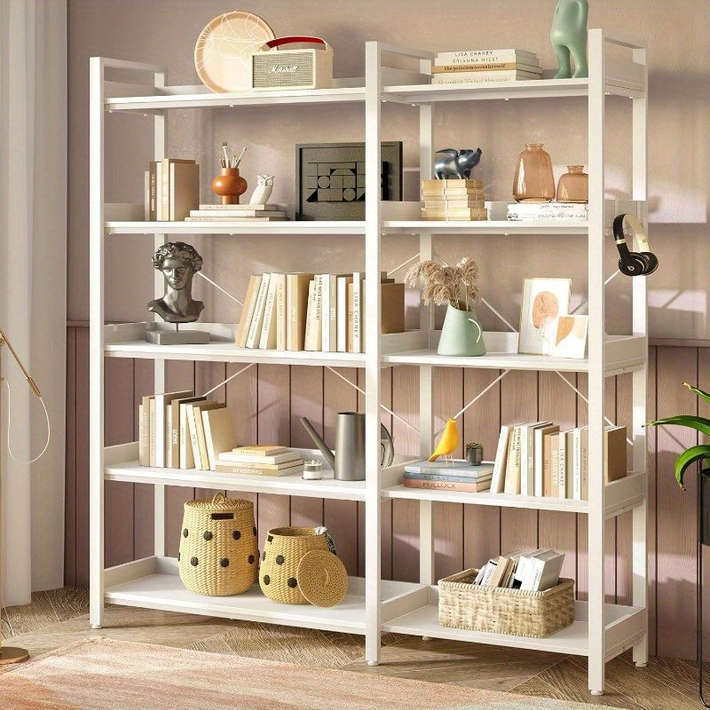 165cm Industrial 5-Tier Bookshelf with 4 Hooks - Reversible Corner Design, Hardwood & Metal Frame, Adjustable Feet for Living Room, Bedroom, Home Office, GREENSTELL