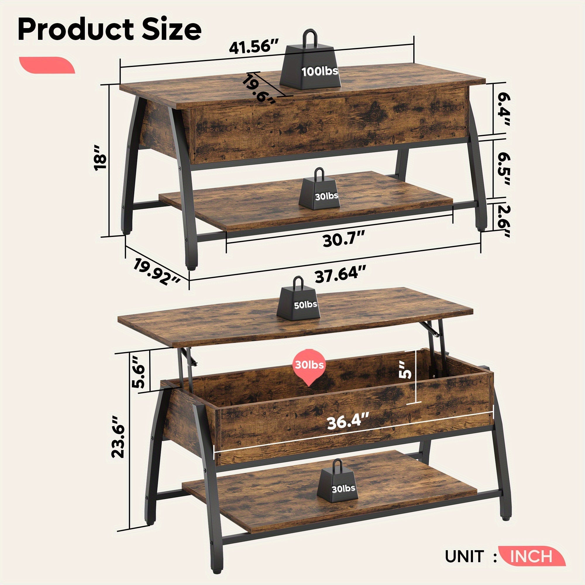 Modern Adjustable Height Coffee Table, Wood-Based Panel & Solid Wood, Industrial Style, with Lift-Top and Storage, for Living Room