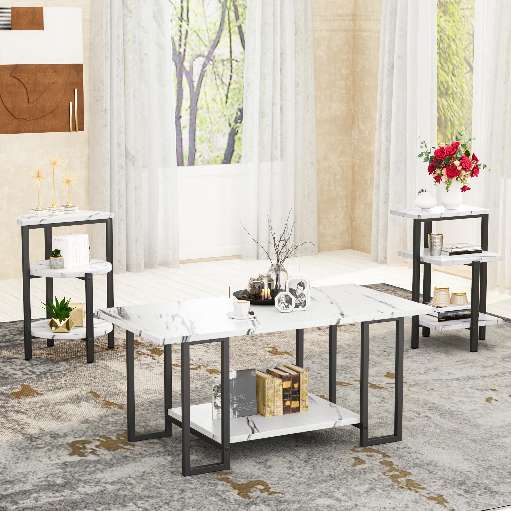 Modern Faux Marble Table Set, Coffee Table with 2 Side Tables, Elegant Metal Frame, Perfect for Living Rooms and Apartments