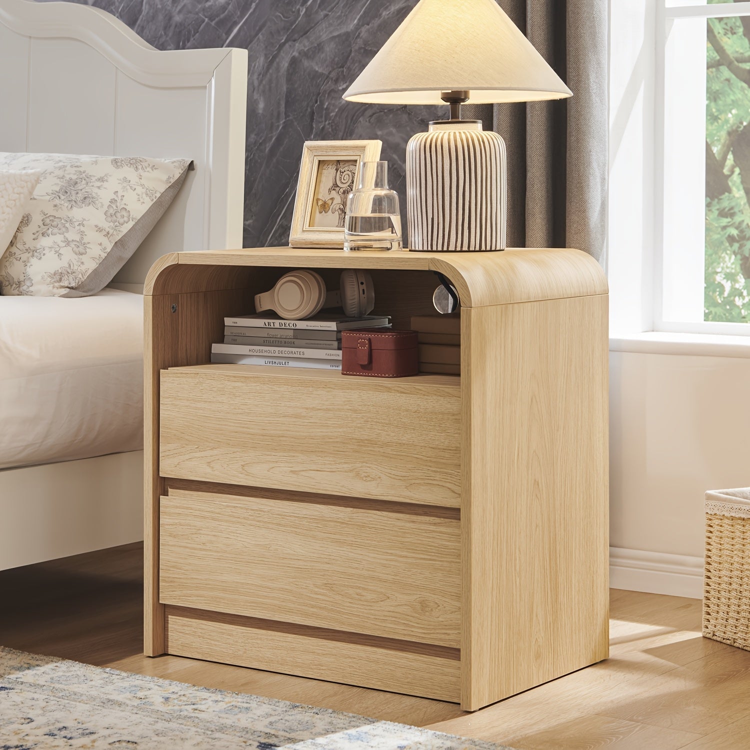 64cm tall modern bedside table with charging station, 23.6-inch wide wooden bedside table with 2 storage drawers, large medieval side table, suitable for bedroom, living room, curved contour design