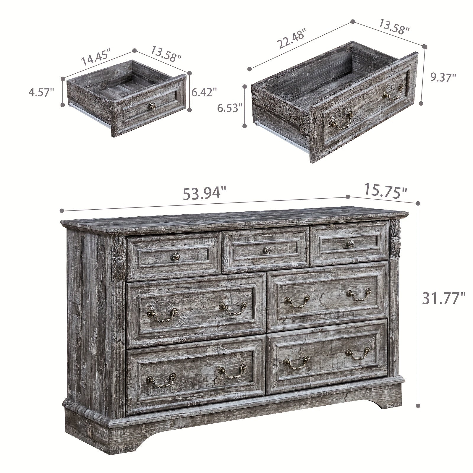 Farmhouse Dresser For Bedroom, 138cm Wide 7 Drawers Dresser, Wood Dresser For Bedroom, Grey 10 Chest Of Drawers With Thickened Wood Carving For Closet, Hallway