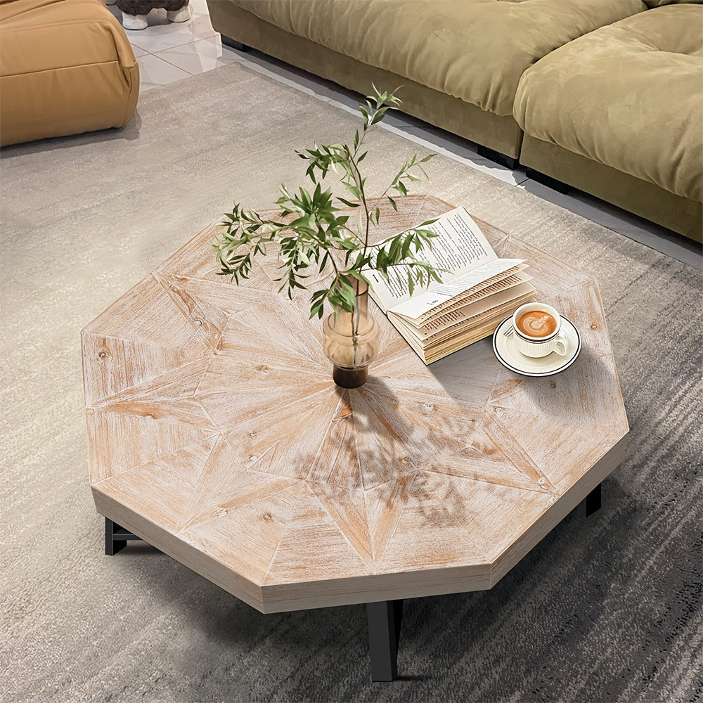 Octagonal Coffee Tea Table, Wooden Patchwork Style, Cross Metal Legs, Suitable for Patio, Balcony Living Room Tea Table