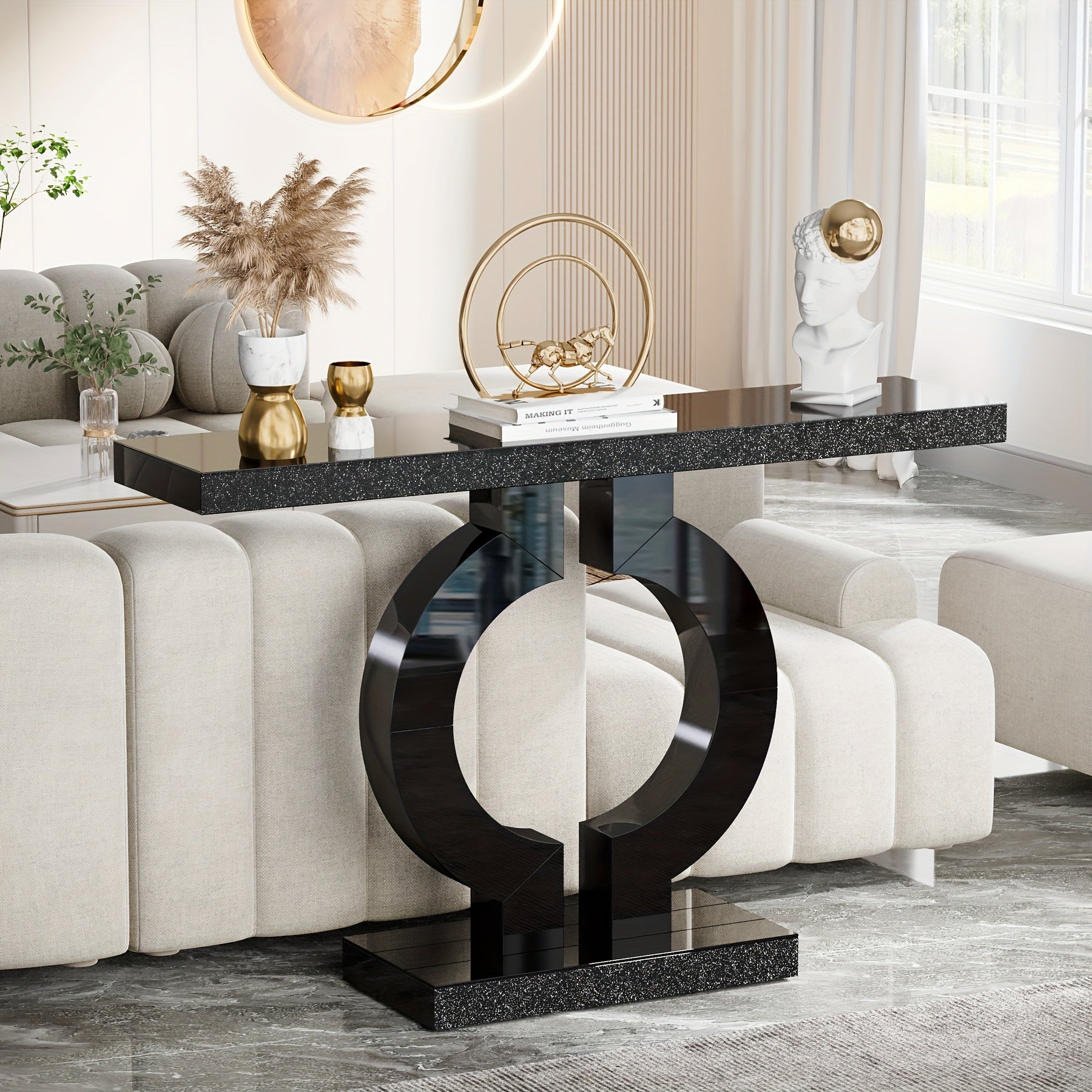 109.22 cm Mirrored Console Table, Modern Glass Sofa Table with Mirror Finish, Entryway Table with O-Shaped Base, Rectangular Accent Foyer Table for Living Room Hallway Entrance (Black & Silvery), Christmas Renewal