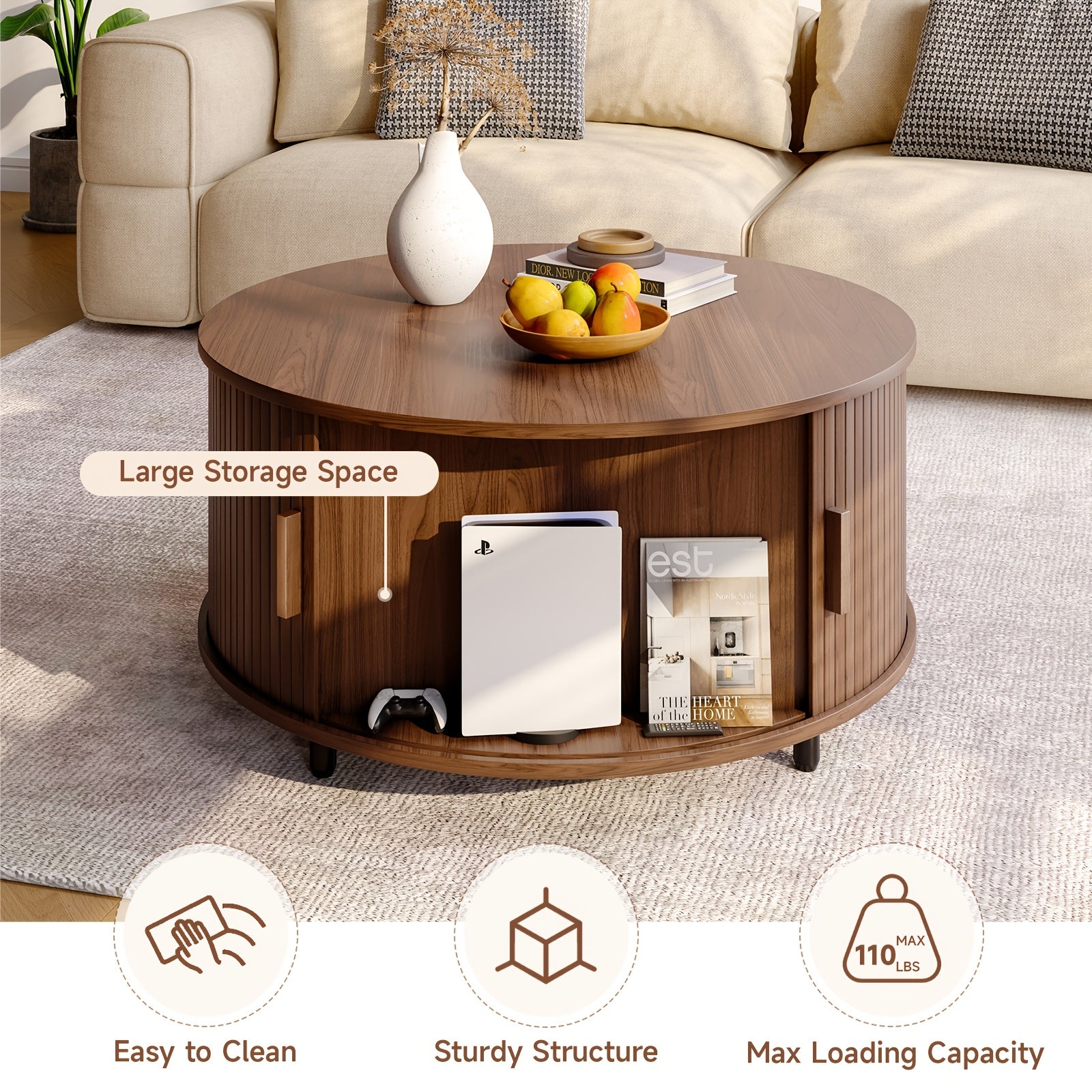 Modern Round Coffee Table with Storage, Solid Wood & Metal Frame, Engineered Wood Top, Space-Saving Design, Hardwood Construction, with Grooved Walnut Finish for Living Room