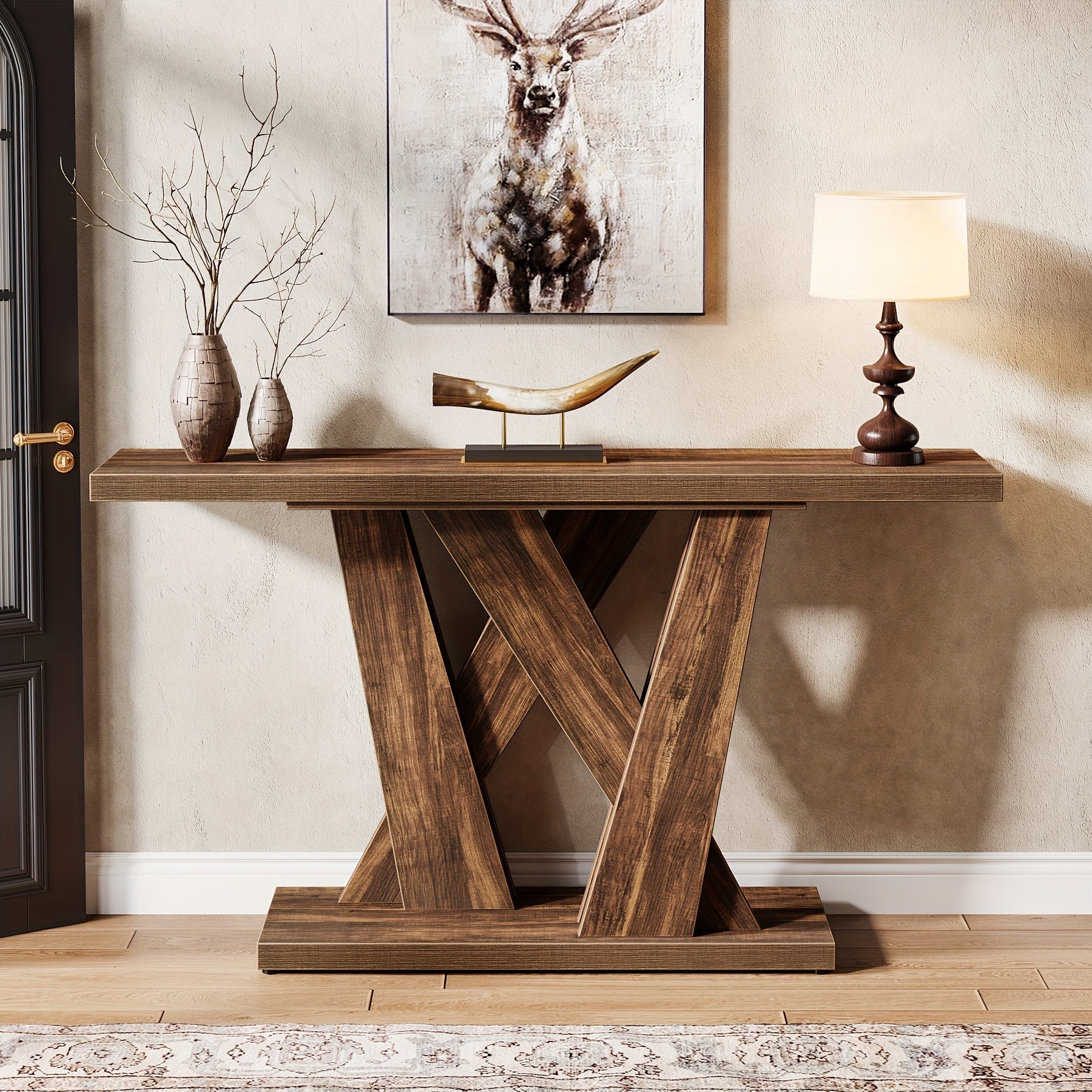 140 cm Farmhouse Console Table, Entryway Table with Geometric Base, Narrow Sofa Table, Rustic Wood Hallway Table for Entrance, Living Room, Foyer