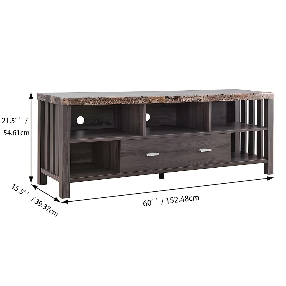 Home, Livingroom 152cm TV Stand with Drawer& Five Open Shelves- Faux Marble Yellow& Distressed Grey