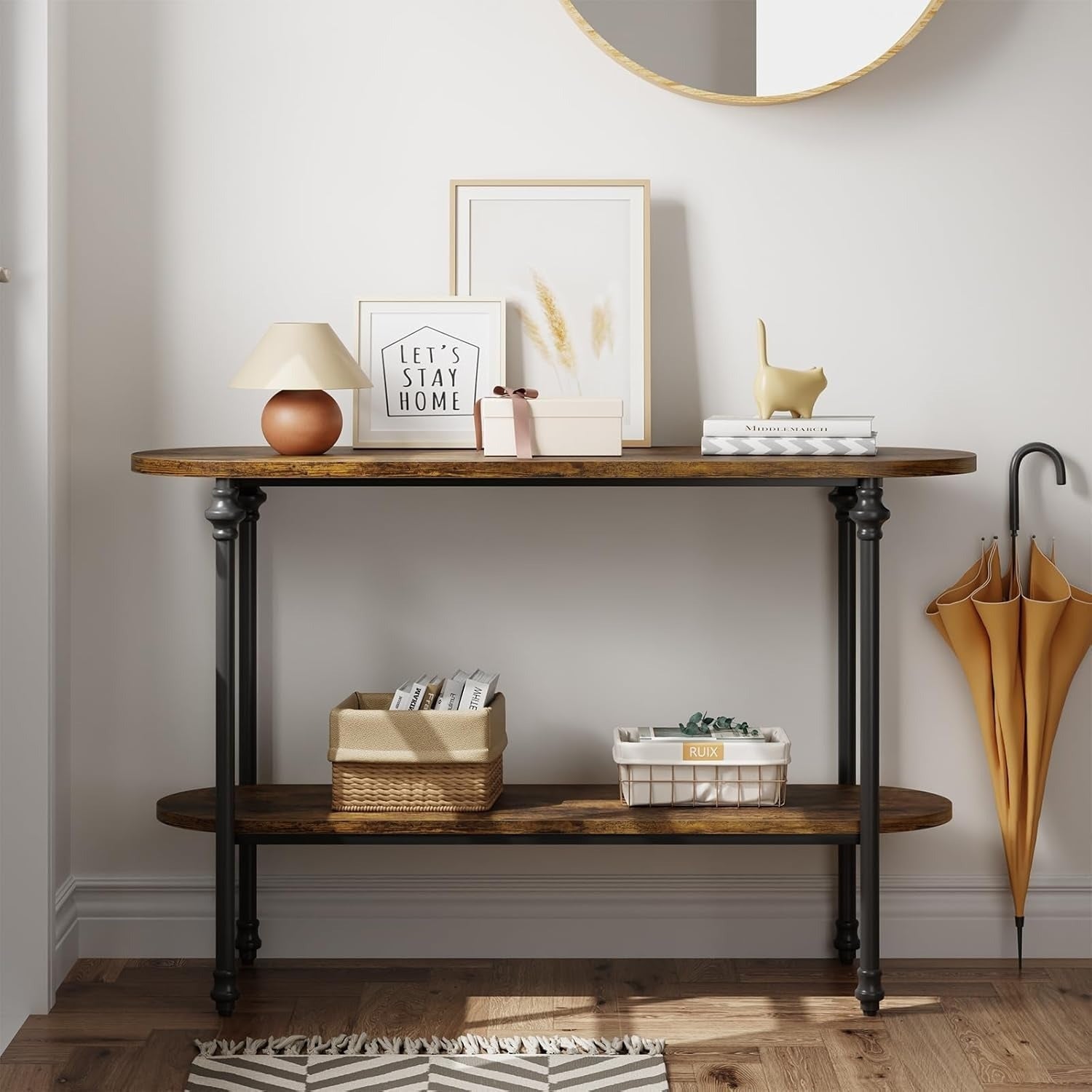 Entryway Table, 110 cm Long Console Table with Storage, 2 Tier Wood Console Table with Metal Frame and MDF, Sofa Tables Behind Couch, Hallway Table for Foyer - Rustic Brown