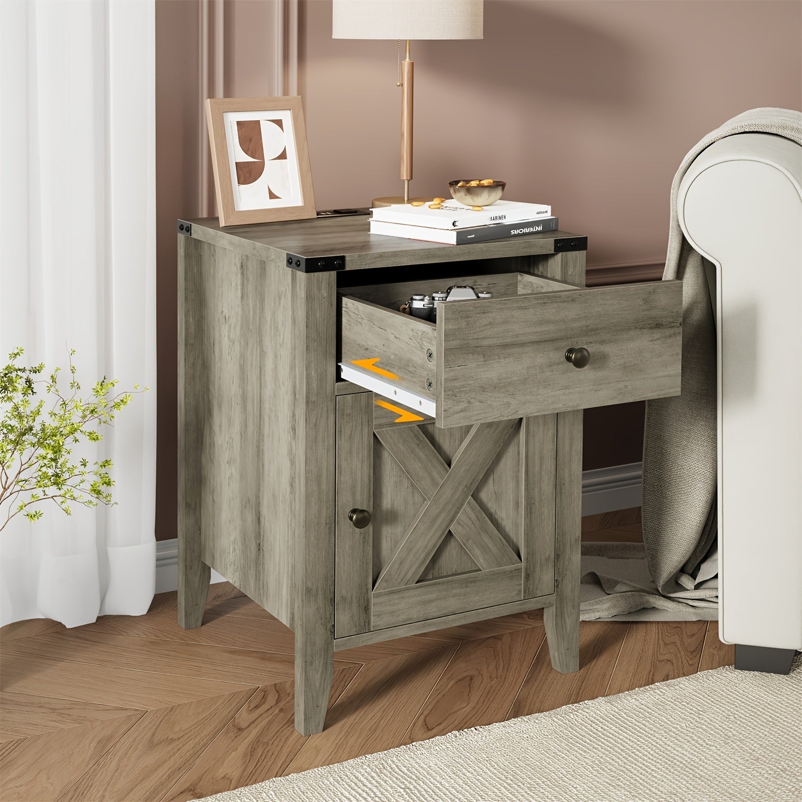 Charming Grey Farmhouse Nightstand with Power Outlets & USB Ports - Sleek Bedside Table with Drawer & Cabinet, Metal Handles, for Cozy Bedroom or Living Room Decor