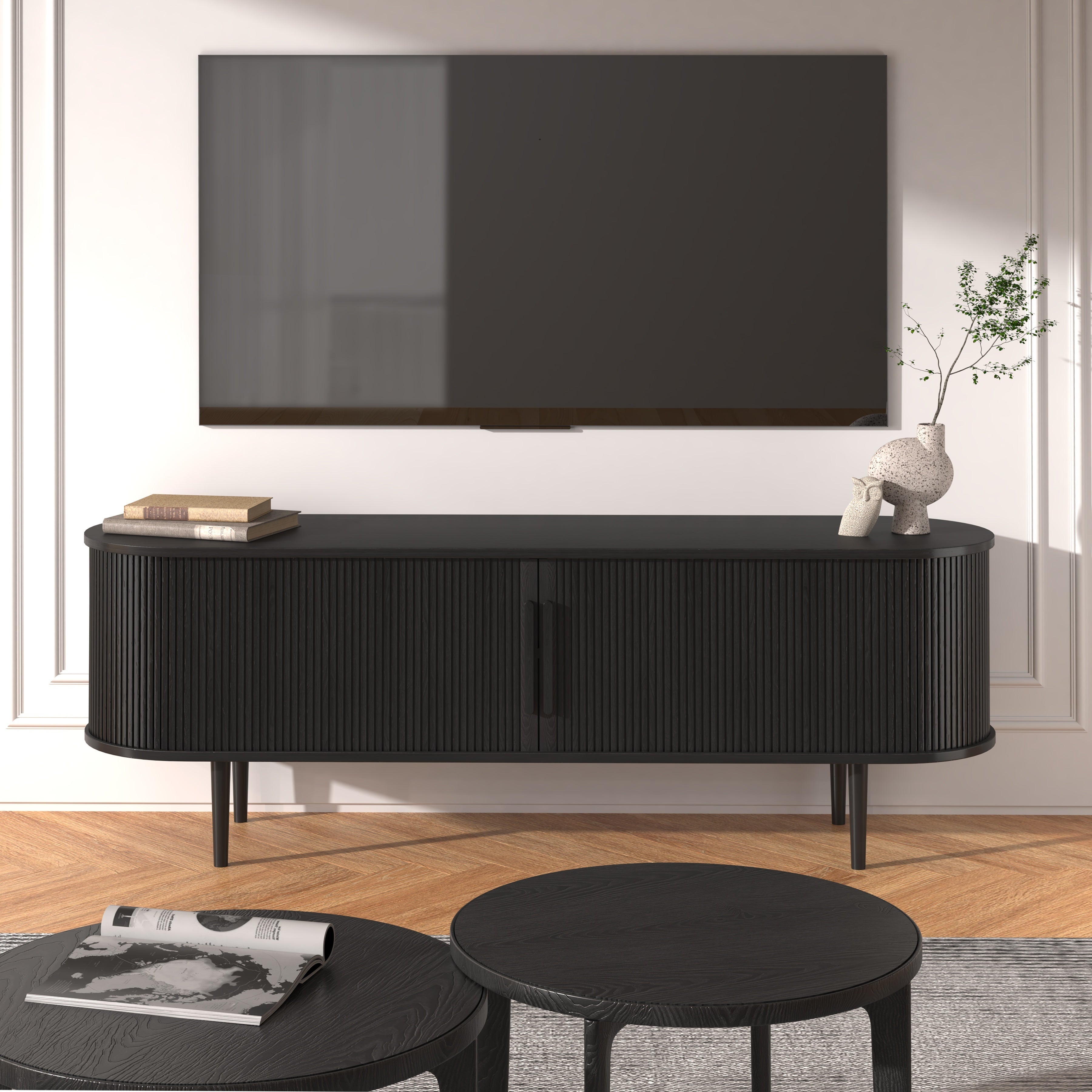 160cm Black TV Stand, Two-door Storage Cabinet For Multi-Scene Use, Perfect For Living Room And Bedroom