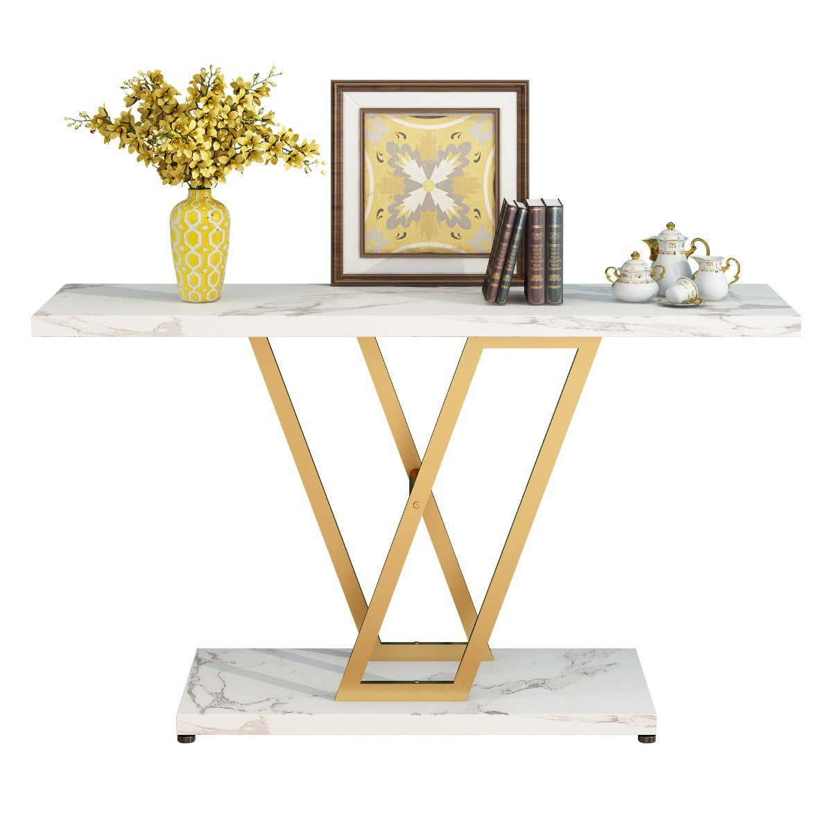 Console Table: 106.68 cm Industrial Entryway Table for Living Room - Narrow Sofa Table with Sturdy Metal Frame, Easy Assembly in Elegant Golden/White - Perfect for Holiday Decor and Creating a Warm, Welcoming Entrance