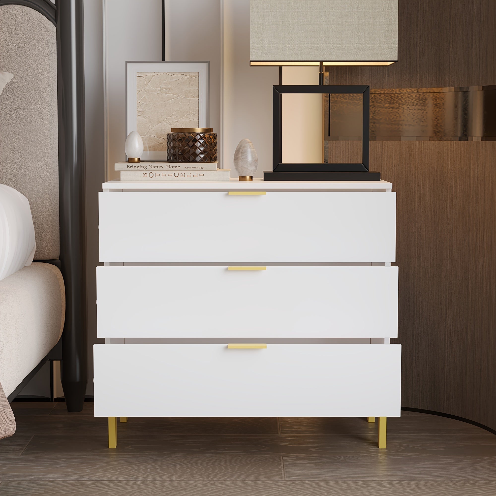 Modern Elegance Three-Drawer Nightstand With Gold Accents