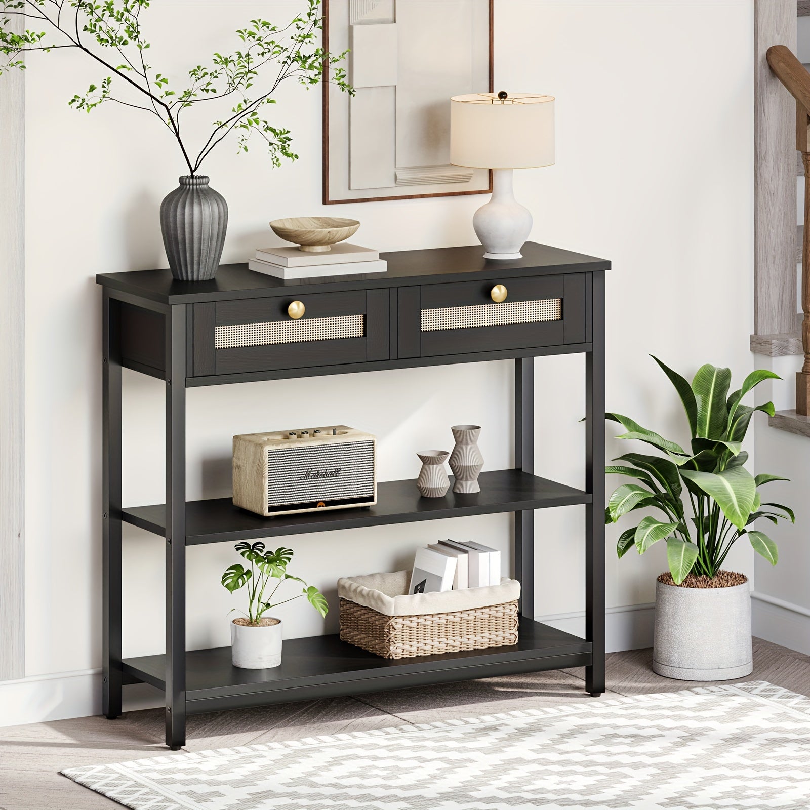 1pc Vintage Style Narrow Console Table with Rattan-Like Woven Detail, 80 cm Sofa Table with 2 Flip-Down Drawers and 3 Open Shelves, Multi-Functional Entryway Table with Metal Frame and Hardwood Top