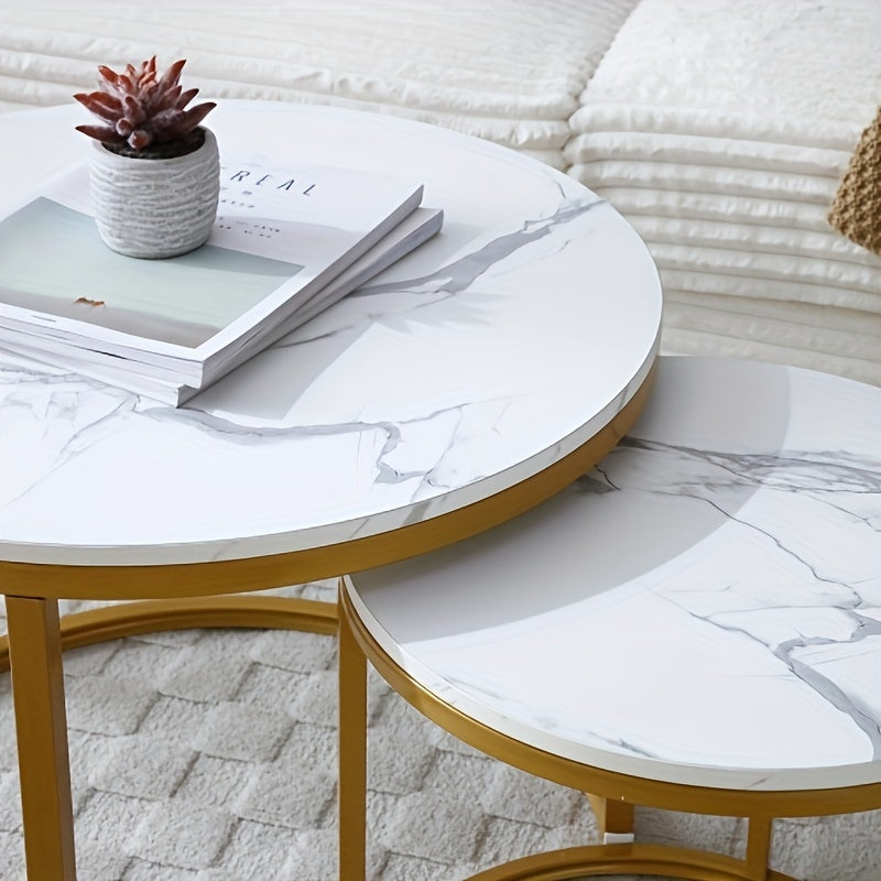 Coffee Table Nesting White And Gray Top Golden Frame Circular Round And Marble Pattern Wooden Tables, Living Room Bedroom Apartment Modern Industrial Simple Nightstand.