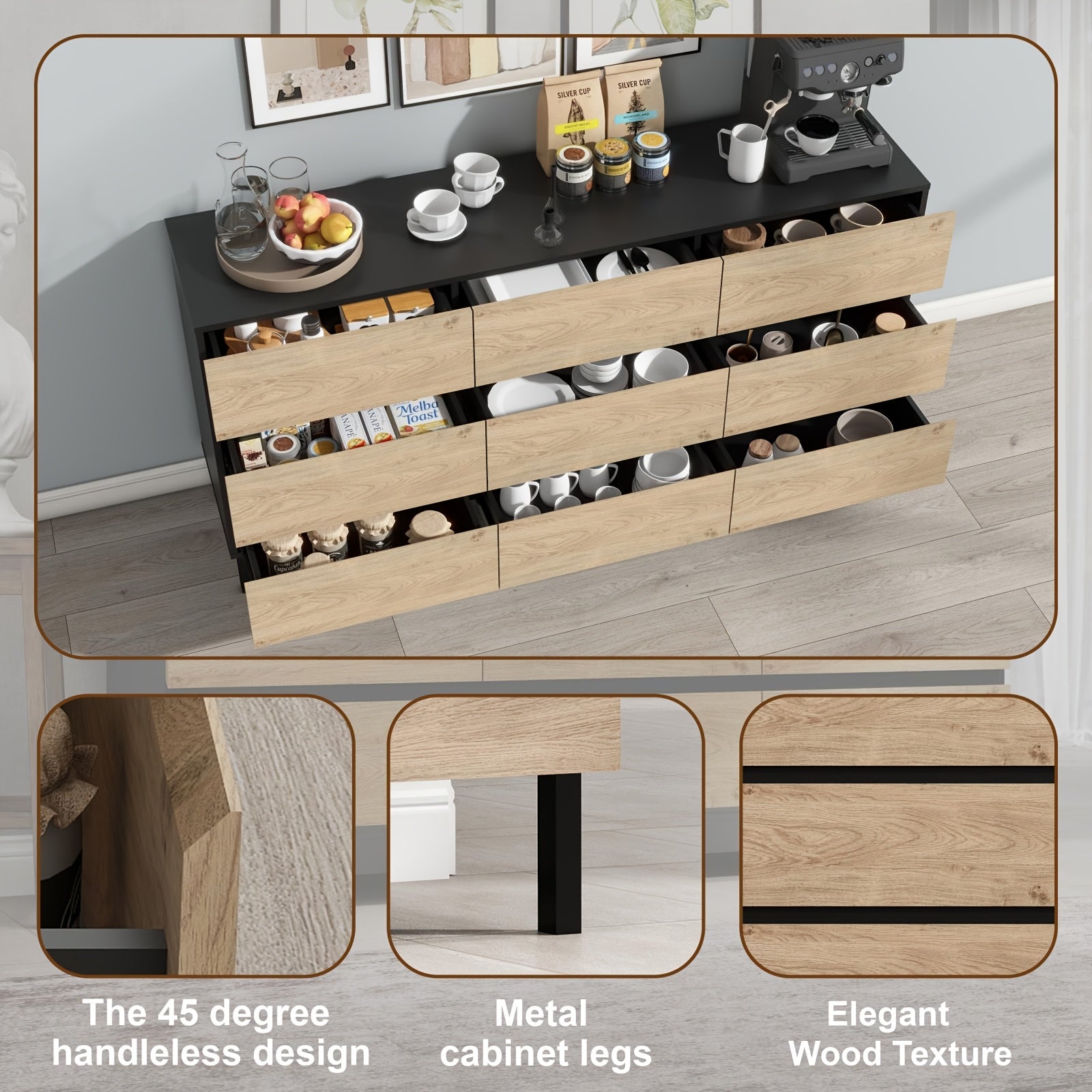 Modern 9-Drawer Storage Cabinet TV Stand - Wooden Media Console For Living Room, Entertainment Center With Spacious Storage And Sturdy Design