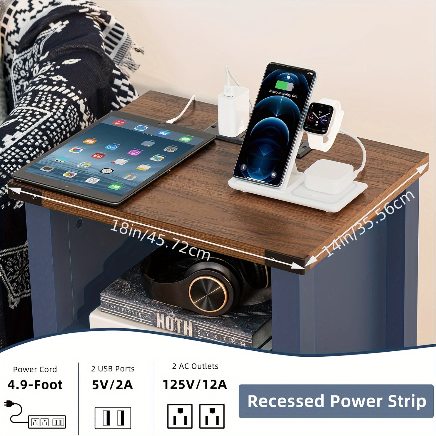 Night Stand Set Of 2, 45cm Farmhouse Nightstand With With Charging Station And USB Port, Rustic Couch End Table With Magnetic Door, Wood Bed Side Tables For Bedroom, Home, Navy Blue