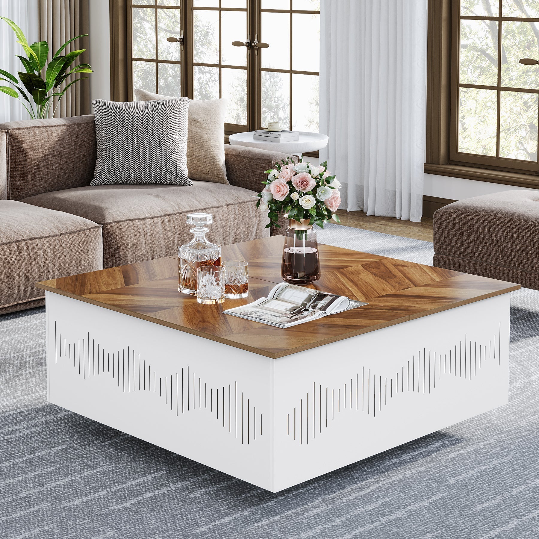 90 cm Coffee Table, Square Flip Top Center Table with Storage