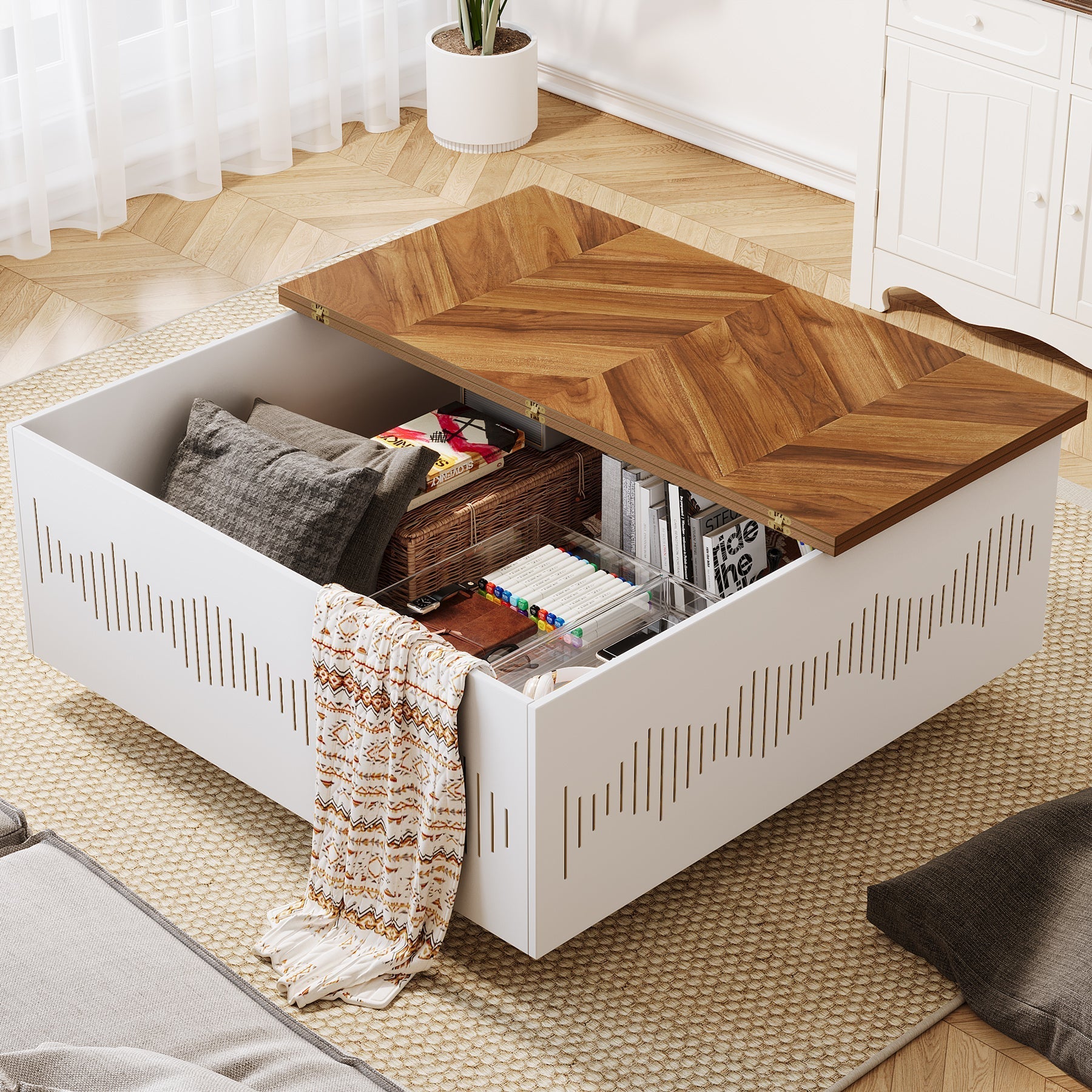 90 cm Coffee Table, Square Flip Top Center Table with Storage