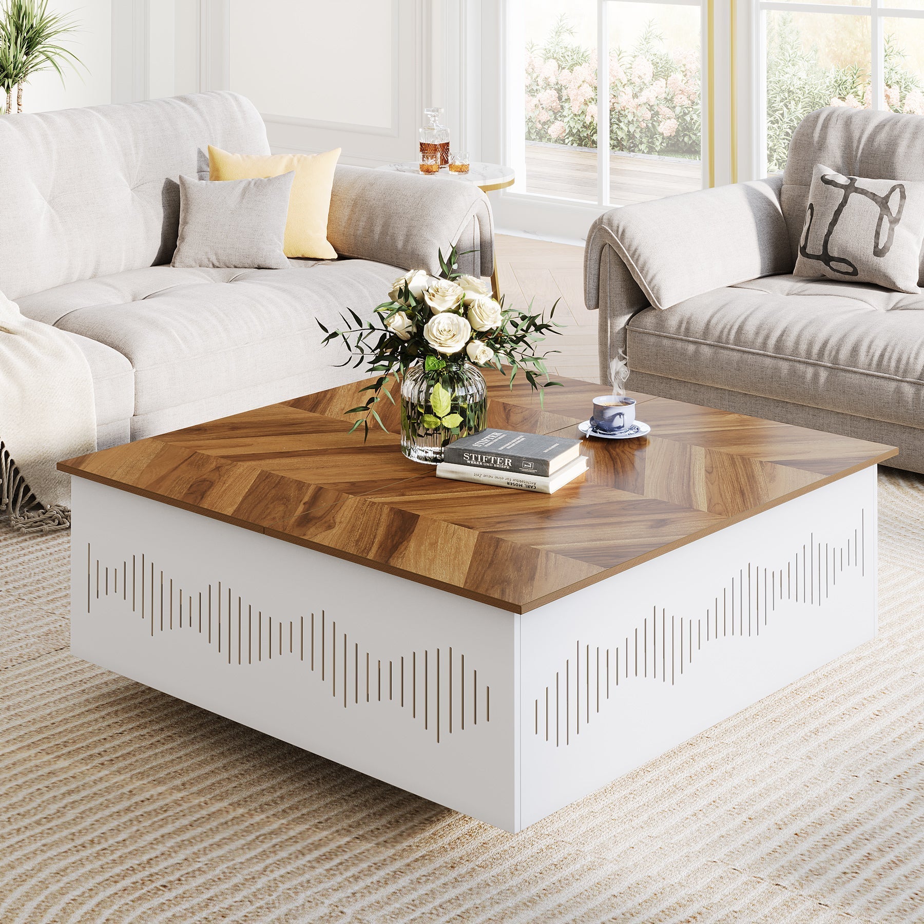 90 cm Coffee Table, Square Flip Top Center Table with Storage