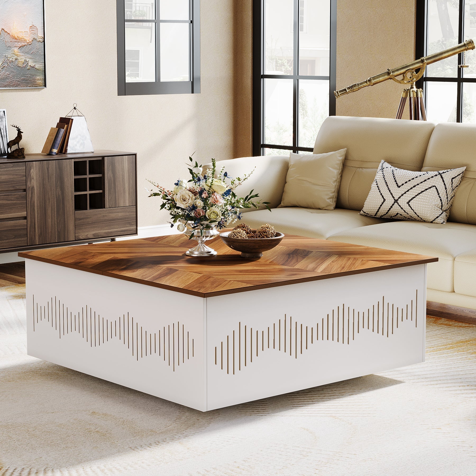 90 cm Coffee Table, Square Flip Top Center Table with Storage