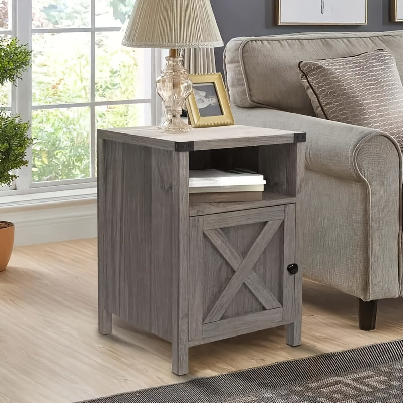 Farmhouse Nightstand, Rustic End Table with Barn Door and Storage Shelf, Bedside Tables Night Stand for Living Room Bedroom, 1 Piece