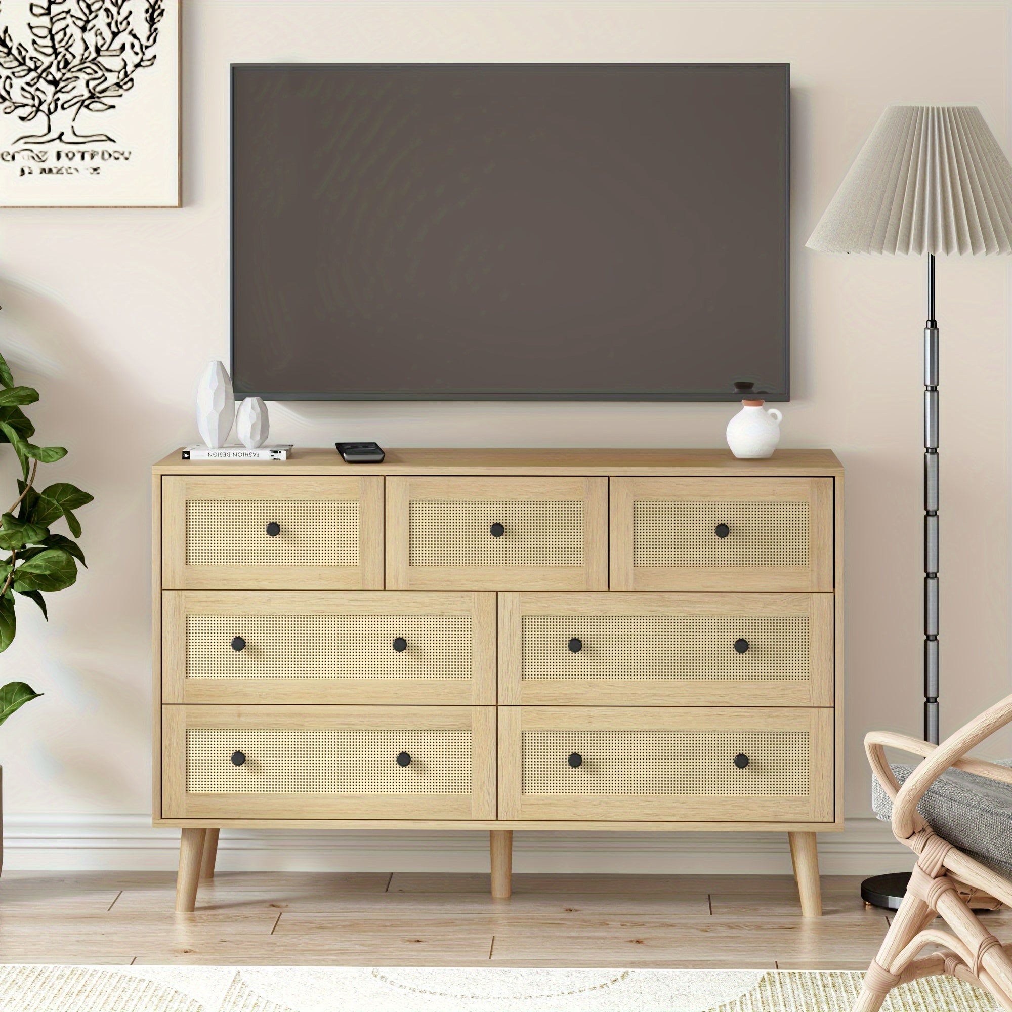 Natural Rattan Dresser For Bedroom, Modern Wood 7 Drawer Dresser With Gold Handles