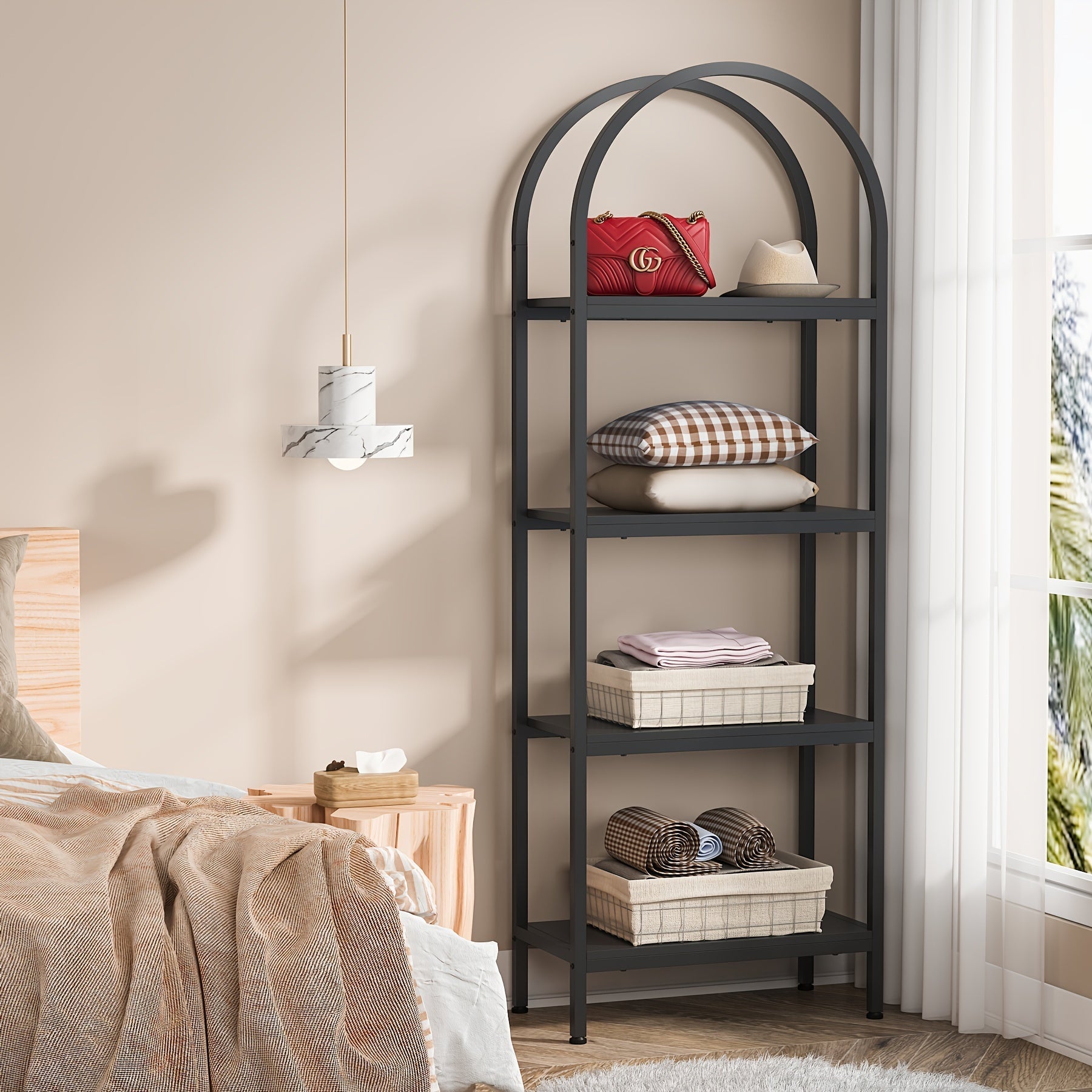 Industrial Arched 4-Tier Bookshelf: This 180cm Standing Bookcase Features A Metal Frame And Storage Shelves. It Serves As Both A Farmhouse Storage Rack And Stylish Addition To Your Living Room Or Home Office