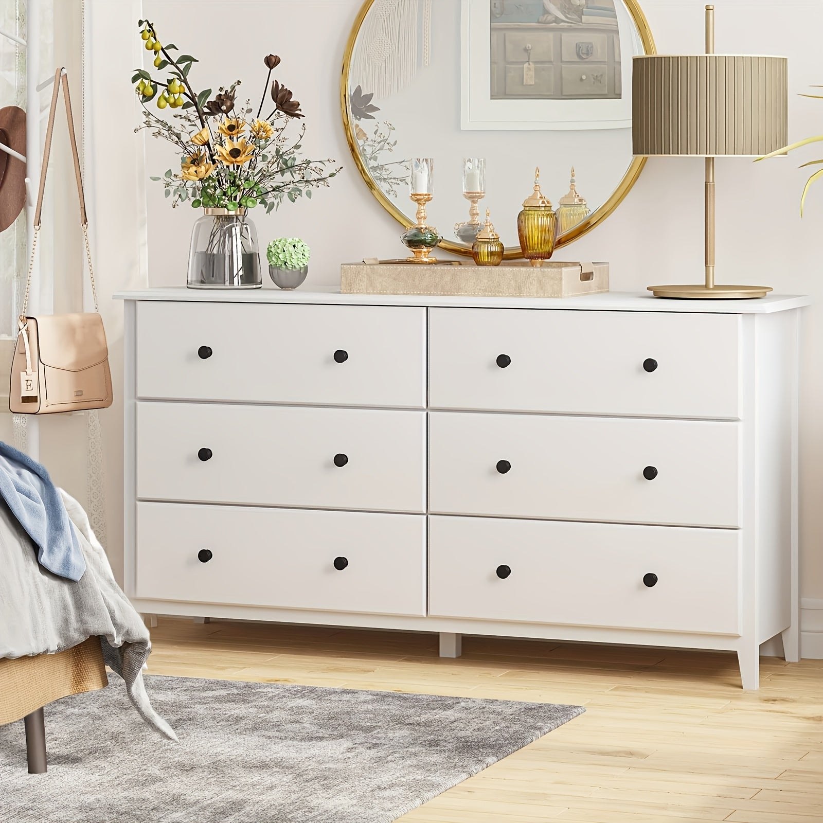 6 Drawer Dresser, Large Capacity Storage Cabinet With Metal Slides For Bedroom, Living Room, White