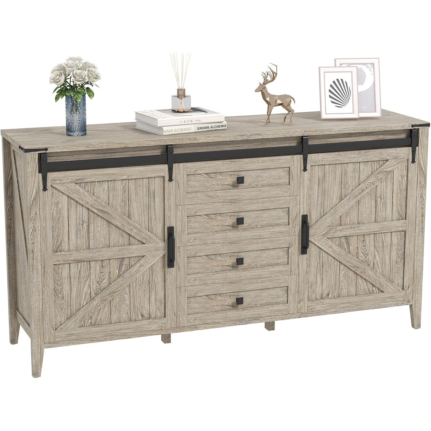 152cm Farmhouse 4 Drawers Dresser for Bedroom with Sliding Barn Doors, Natural Texture Wood Rustic Chest of Drawers for Living Room Bedroom Hallway Driftwood Gray