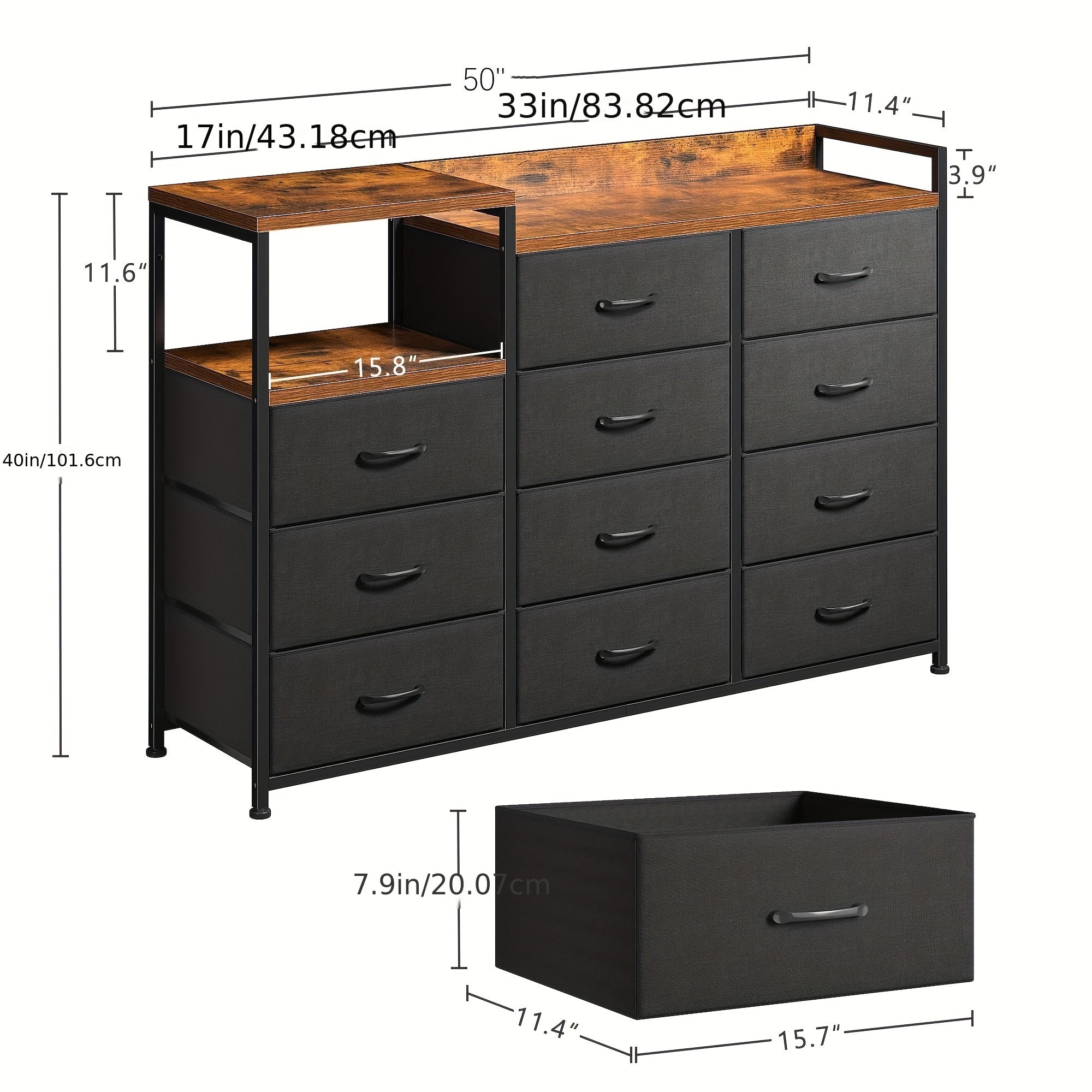 Dresser For Bedroom With 11 Drawers, Dresser TV Stand With Shelves, Long Dressers & Chests Of Drawers, Wide Dresser For Bedroom Dresser With Sturdy Metal Frame & Wood Top, Black