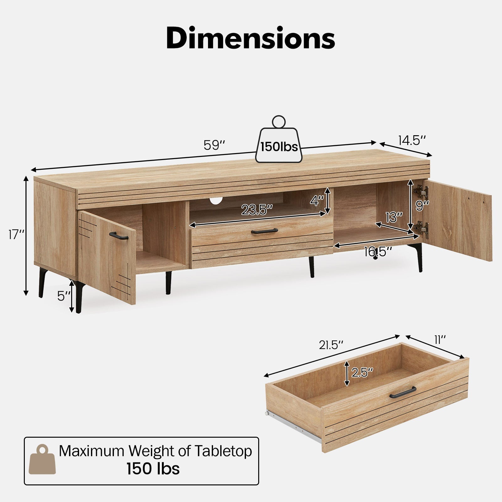 Mid Century Modern TV Stand for 65" TVs - Engineered Oak Wood with Metal Legs, Cable Management, Storage Drawer & Cabinets, Ideal for Living Room and Bedroom, Media Cabinet Console Table, Entertainment Center