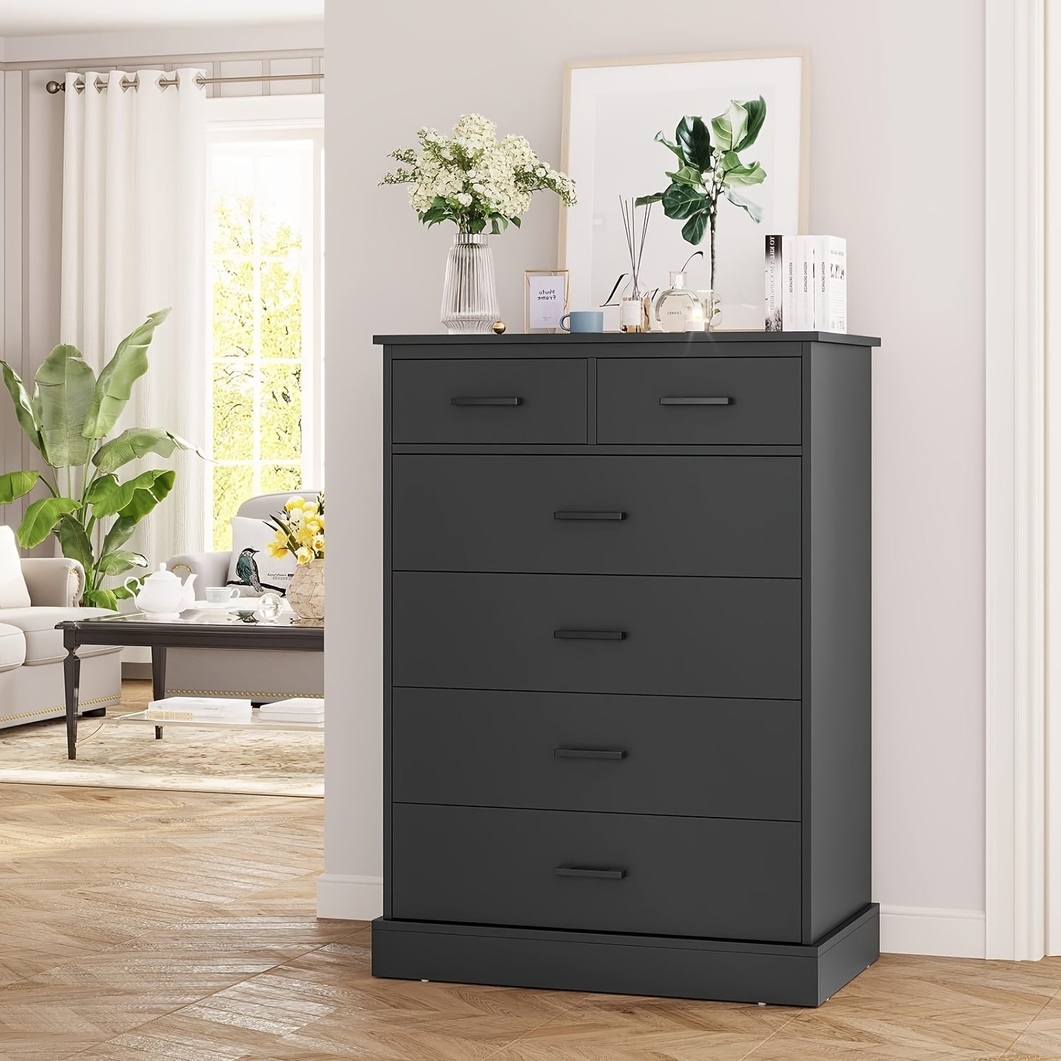 6 Drawers Dresser For Bedroom, Tall Chest Of 6 Drawers Storage Cabinet For Living Room Hallway Entryway, Black/White