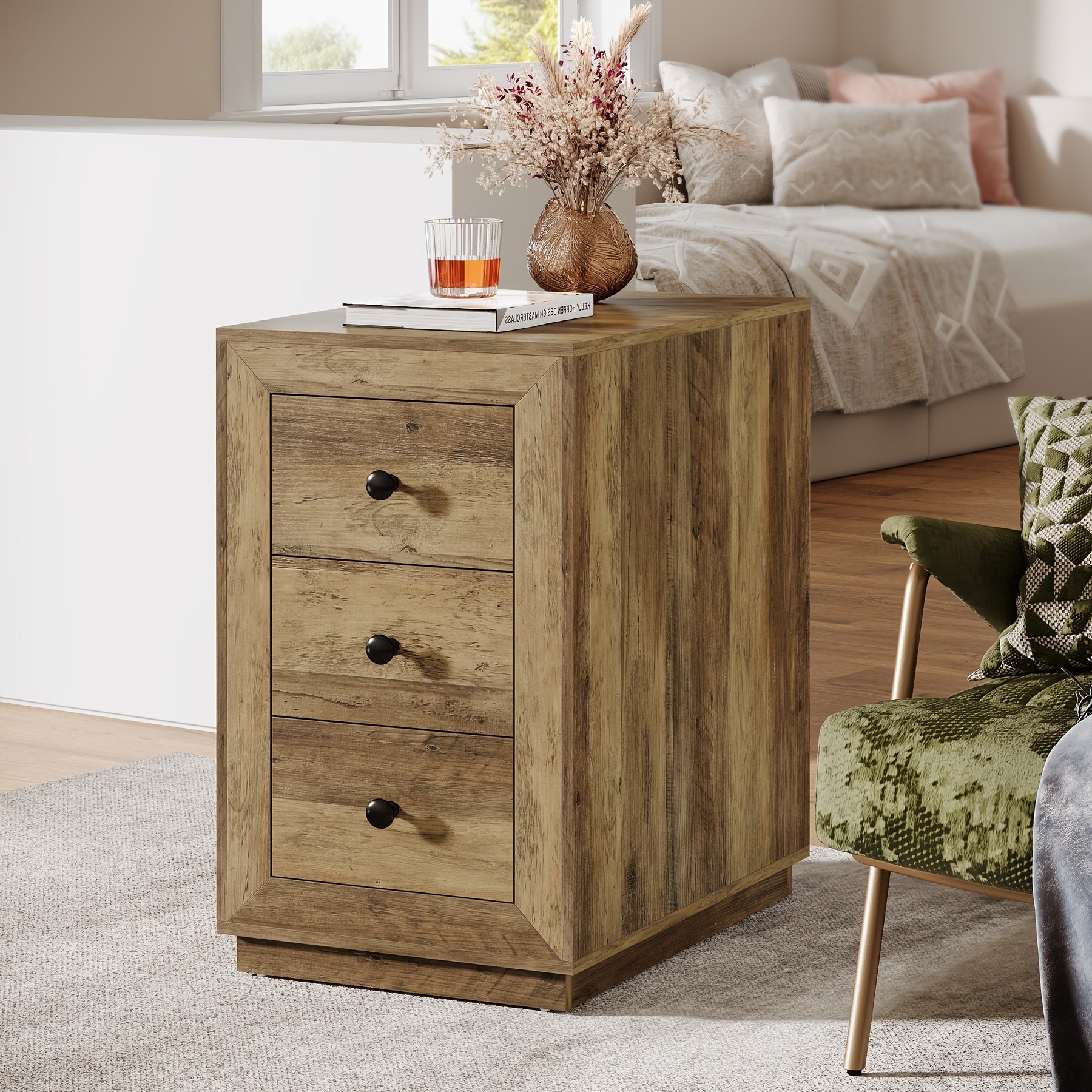 Rustic Brown Wooden End Table with 3 Storage Drawers - Versatile Farmhouse Side Table for Living Room & Bedroom, Stain-Resistant Finish, LITTLE TREE