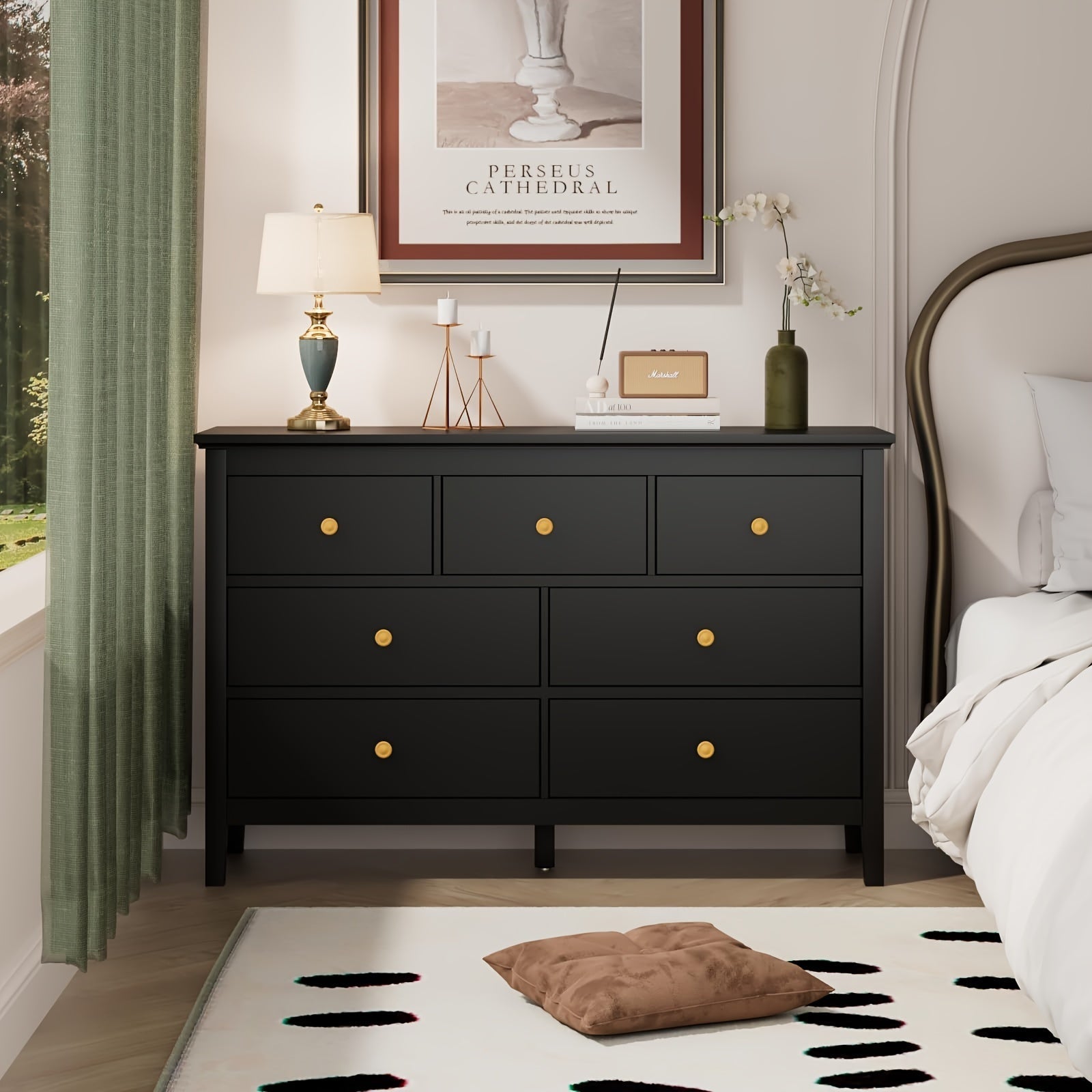 Dresser for Bedroom, 7 Drawer Dresser with Wide Drawers and Metal Handles, Gold Modern Dressers & Chests of Drawers for Hallyway, Entryway.