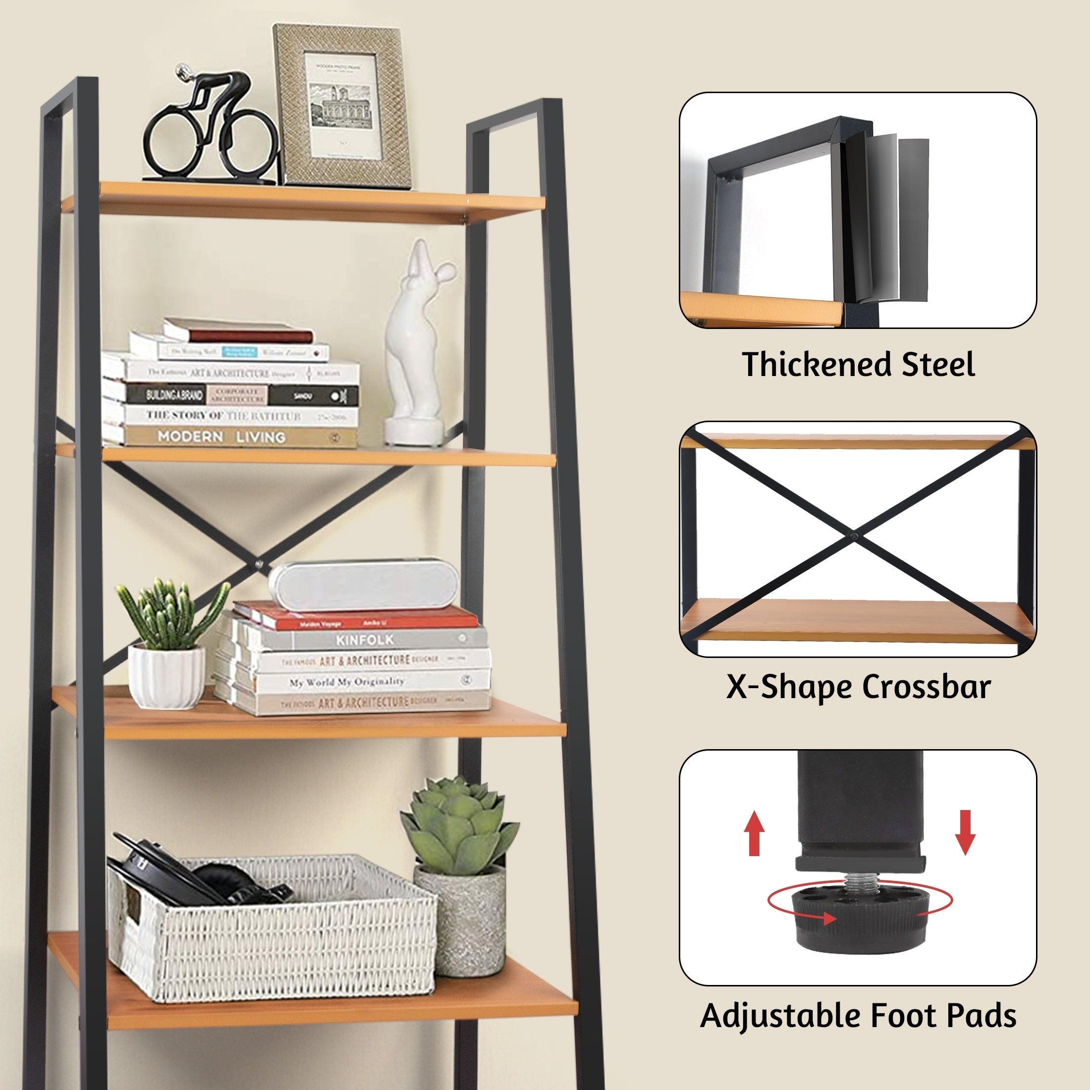 Ladder Shelf 5-Tier, Free Standing Bookshelf With Adjustable Feet, Metal Bookcase For Kitchen, Bathroom, Garage, Small Spaces