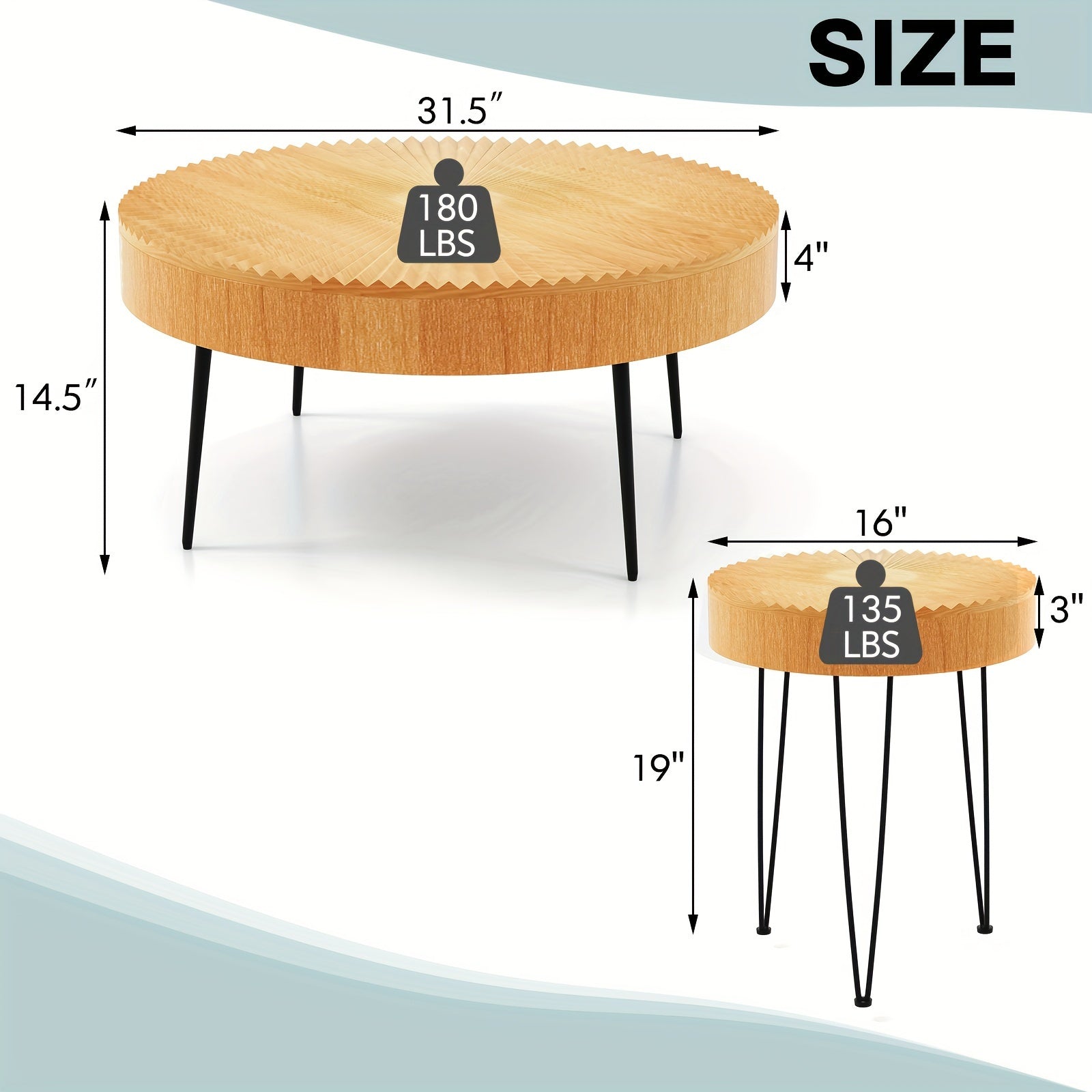 2pcs Farmhouse Round Coffee Table, End Table Natural Finish For Living Room