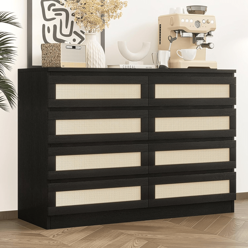 Boho Chic 8-Drawer Rattan Dresser - Spacious Double Chest of Drawers for Living Room, Hallway, Entryway - Modern Storage Cabinet