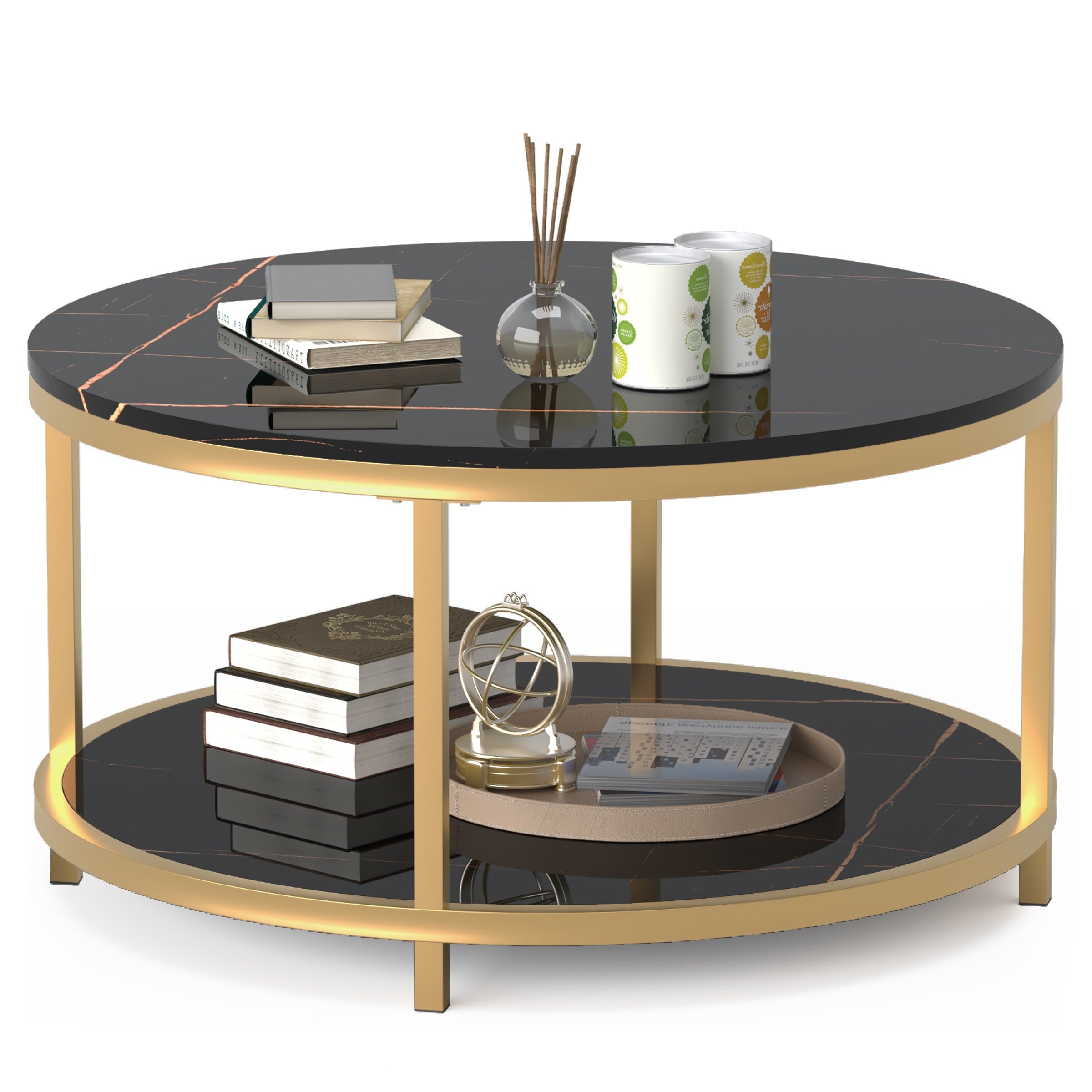 Round Coffee Table 86cm Coffee Tables for Living Room High Glossy Faux Balck Marble Top Modern Circle Table Sturdy Golden Metal Frame Legs Cocktail Table with Storage Open Shelf