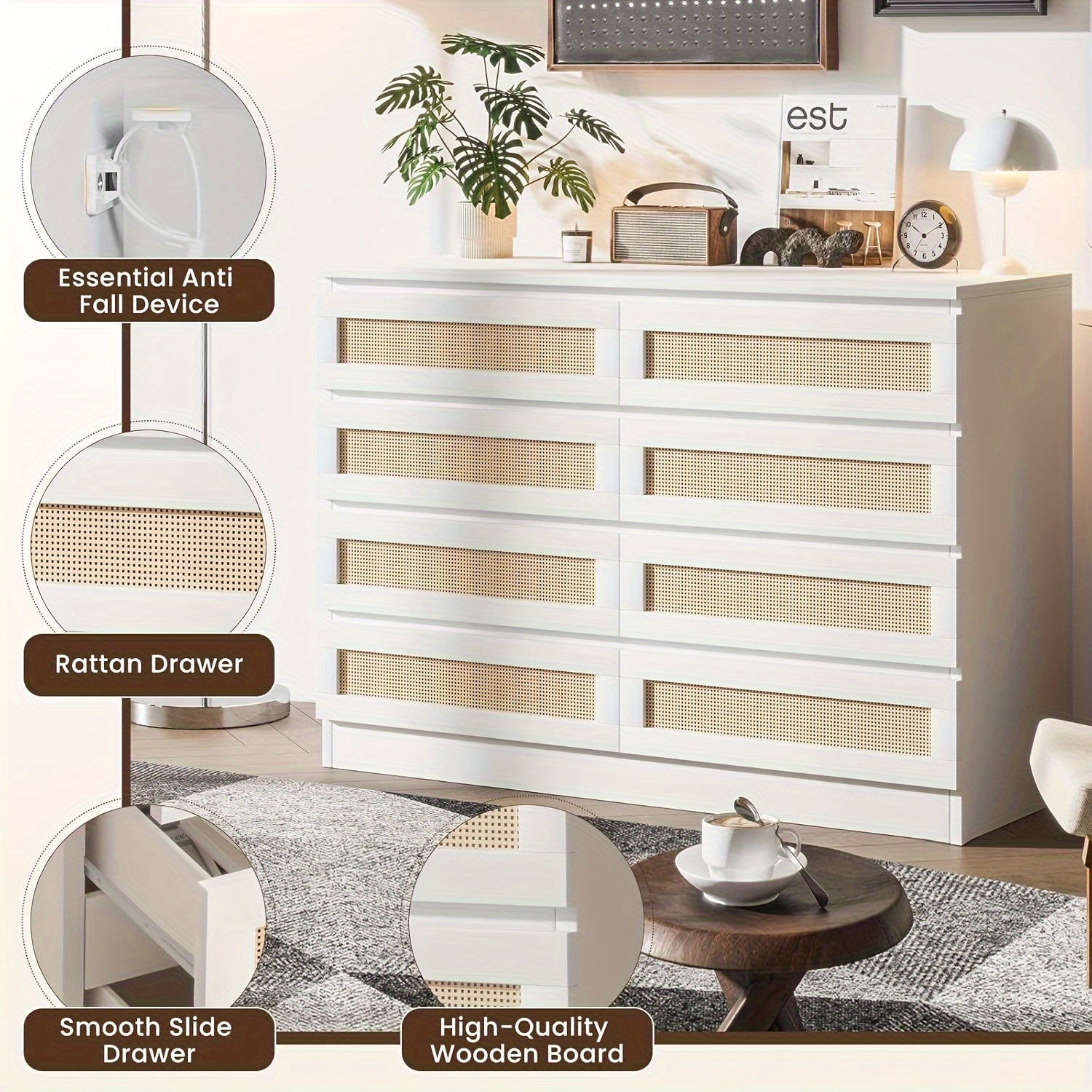 Rattan Dresser For Bedroom, Modern 8 Drawer Wooden Dresser Chest, Wide Wood Beside Table For Closet, Nursery, Living Room And Entryway, White