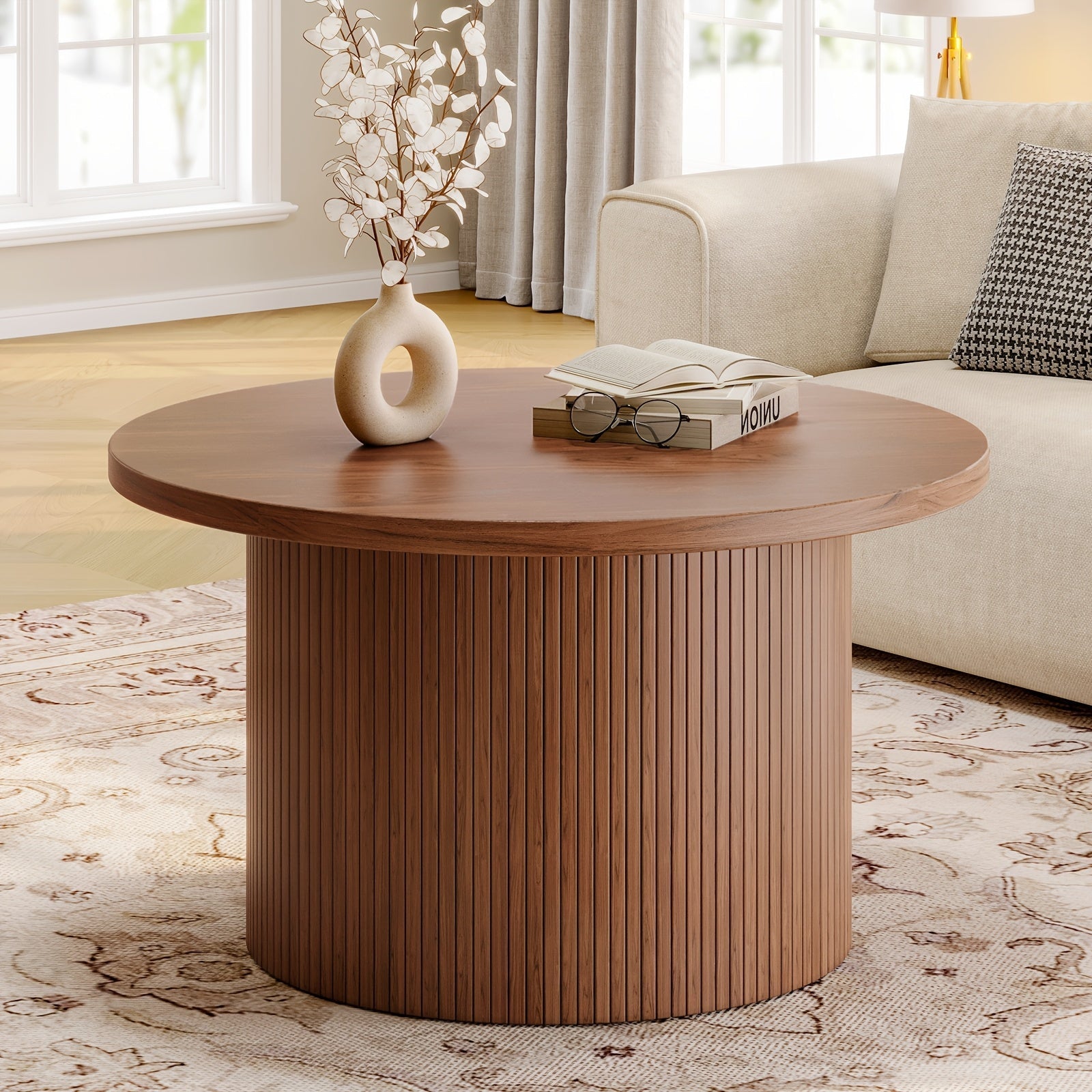 Modern 79cm Round Wooden Coffee Table with Anti-Slip Pad and Roller Curtain Design for Living Room, Sofa Side Center Table