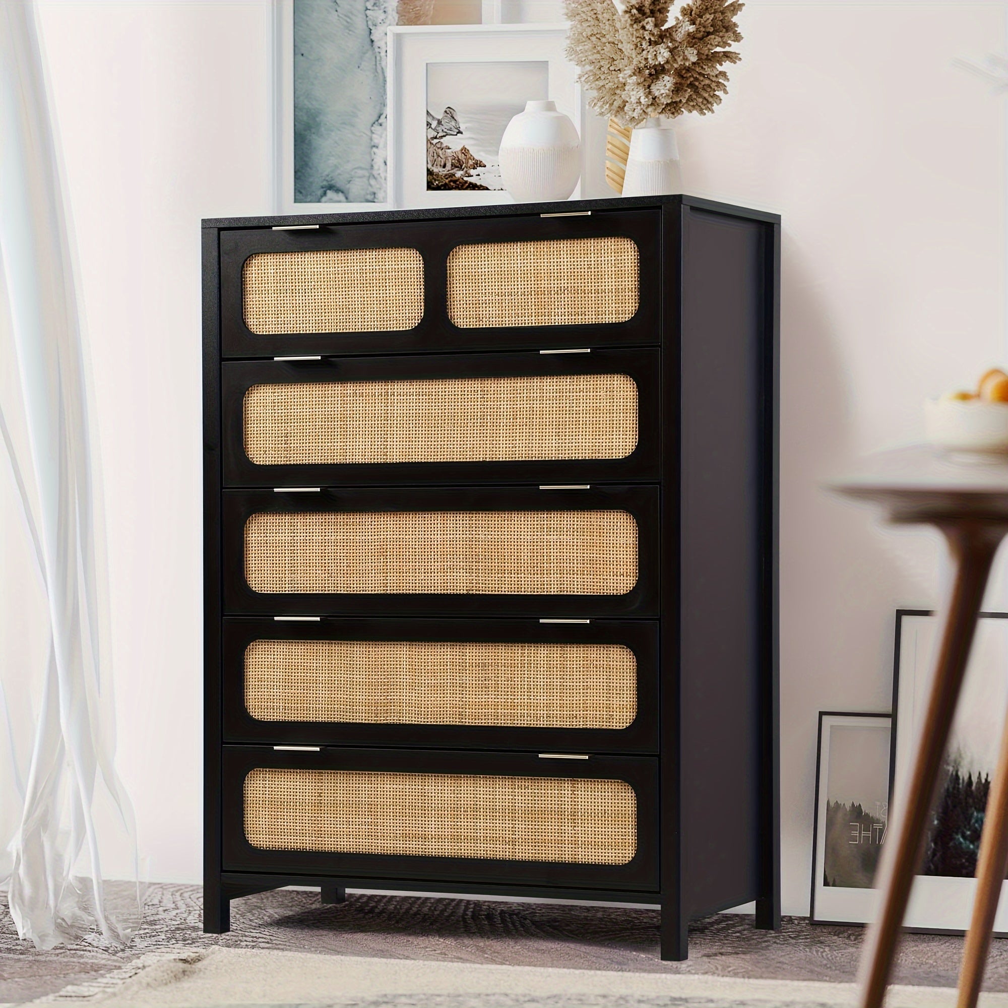 5 Drawer Dresser For Bedroom, Wide Chest Of Drawers With Storage, Rattan Nightstand Cabinet Dresser For Bedroom Hallway Living Room Entryway Office